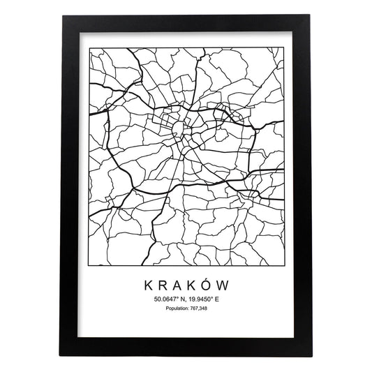Lámina mapa de la ciudad Kaków estilo nordico en blanco y negro.-Artwork-Nacnic-A4-Marco Negro-Nacnic Estudio SL