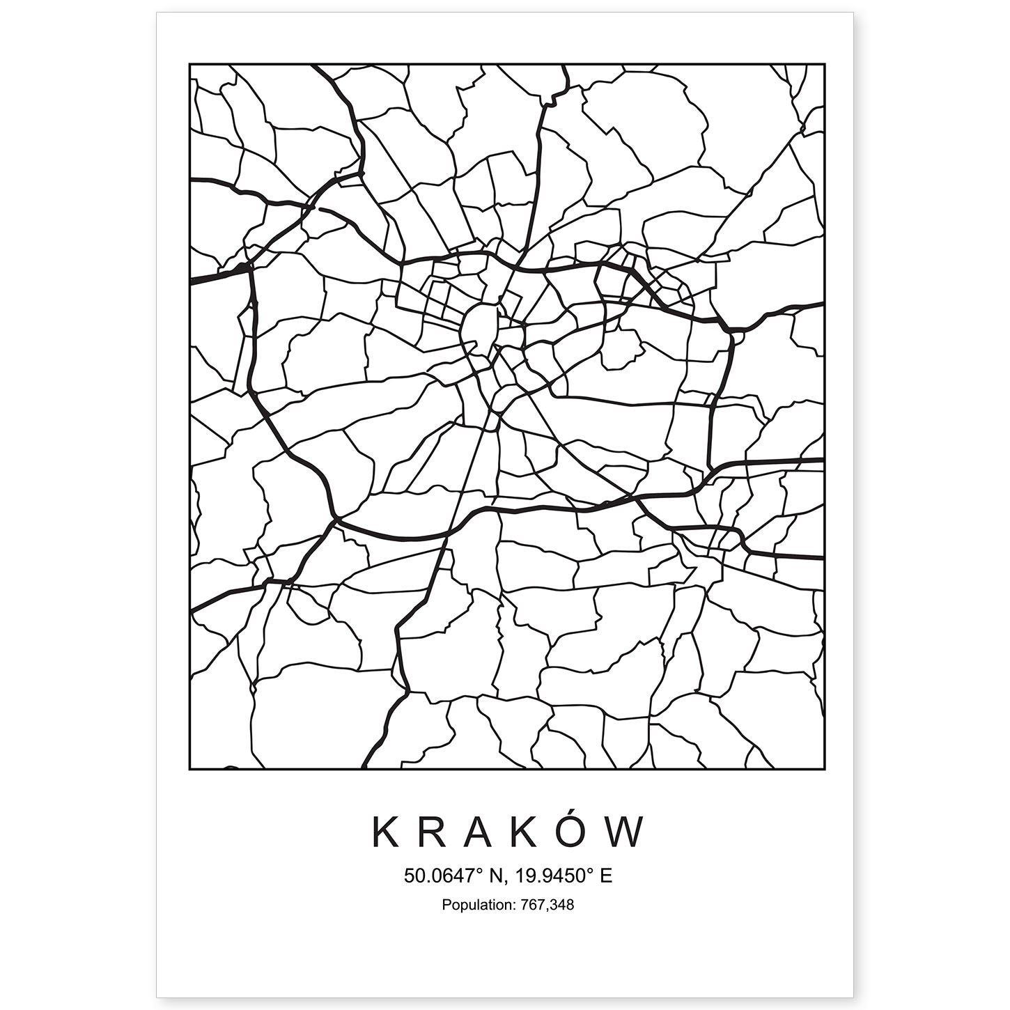 Lámina mapa de la ciudad Kaków estilo nordico en blanco y negro.-Artwork-Nacnic-A4-Sin marco-Nacnic Estudio SL