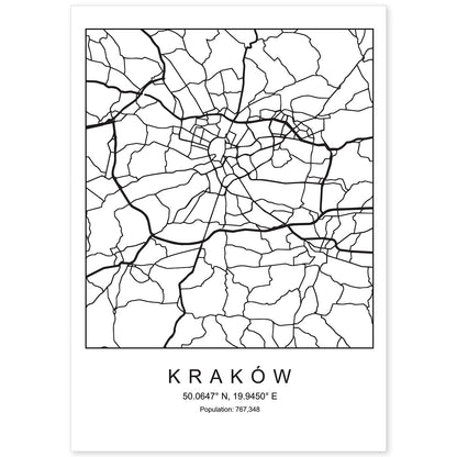 Lámina mapa de la ciudad Kaków estilo nordico en blanco y negro.-Artwork-Nacnic-A4-Sin marco-Nacnic Estudio SL