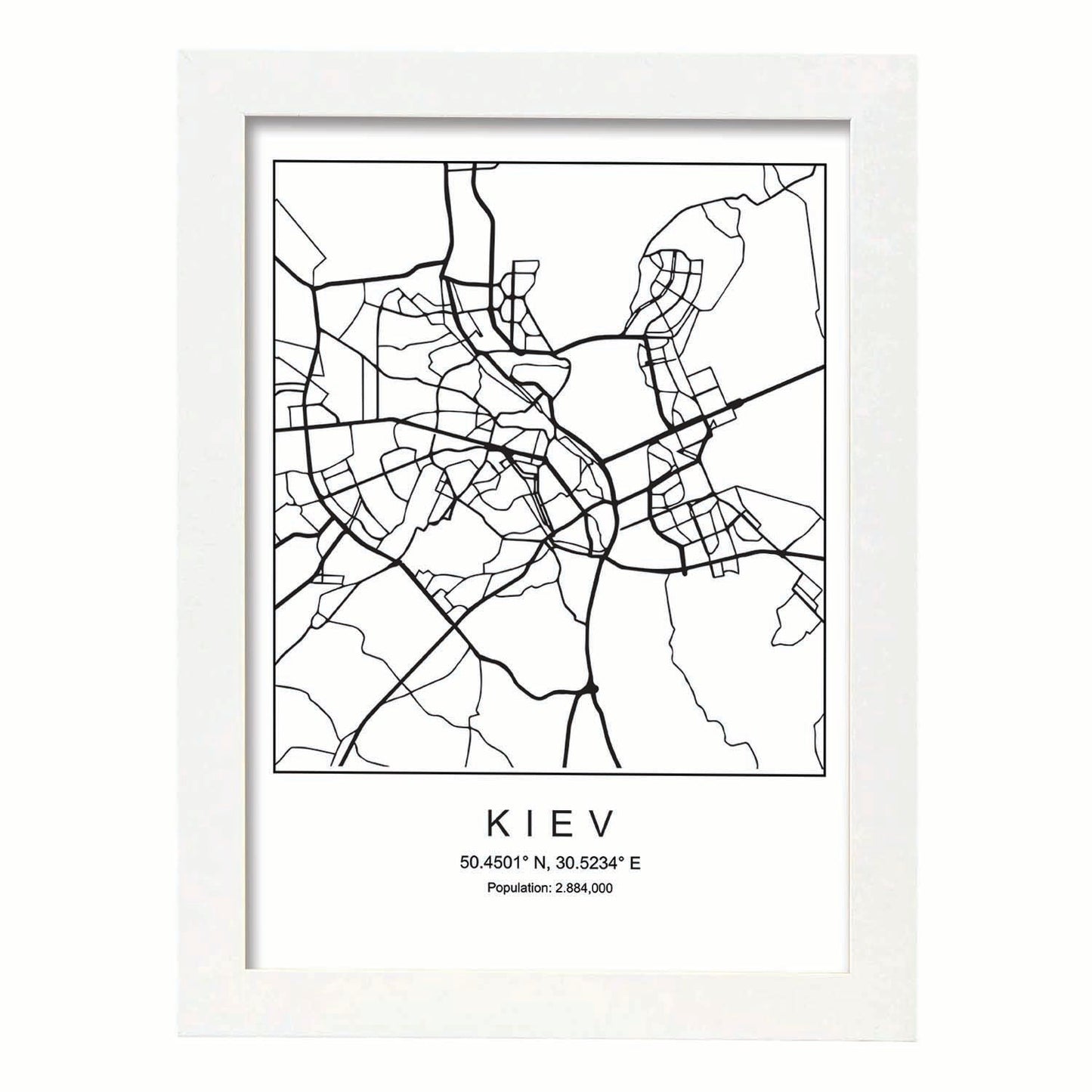 Lámina mapa de la ciudad Kiev estilo nordico en blanco y negro.-Artwork-Nacnic-A3-Marco Blanco-Nacnic Estudio SL