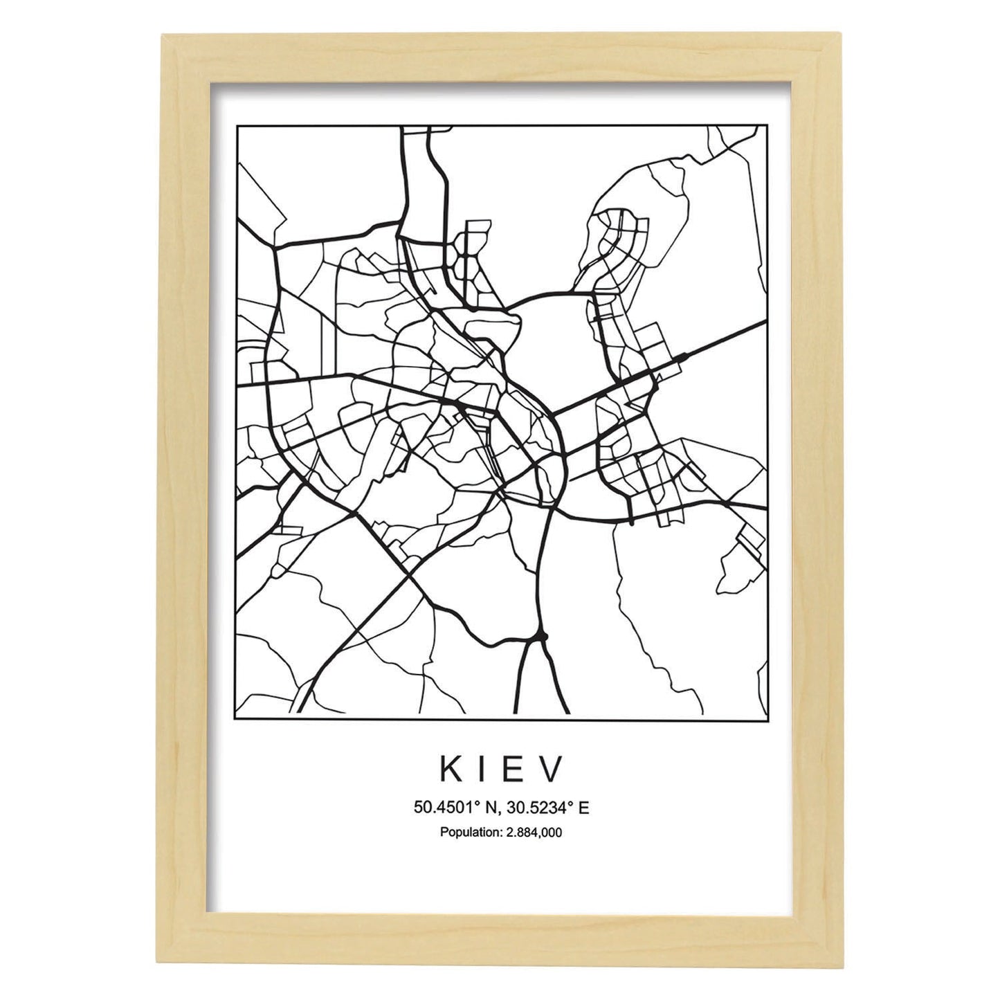 Lámina mapa de la ciudad Kiev estilo nordico en blanco y negro.-Artwork-Nacnic-A3-Marco Madera clara-Nacnic Estudio SL