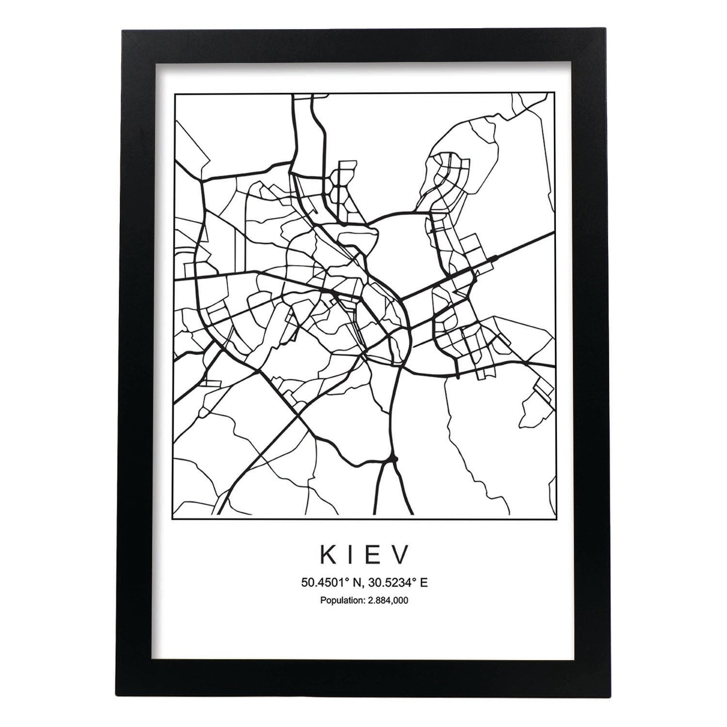 Lámina mapa de la ciudad Kiev estilo nordico en blanco y negro.-Artwork-Nacnic-A3-Marco Negro-Nacnic Estudio SL