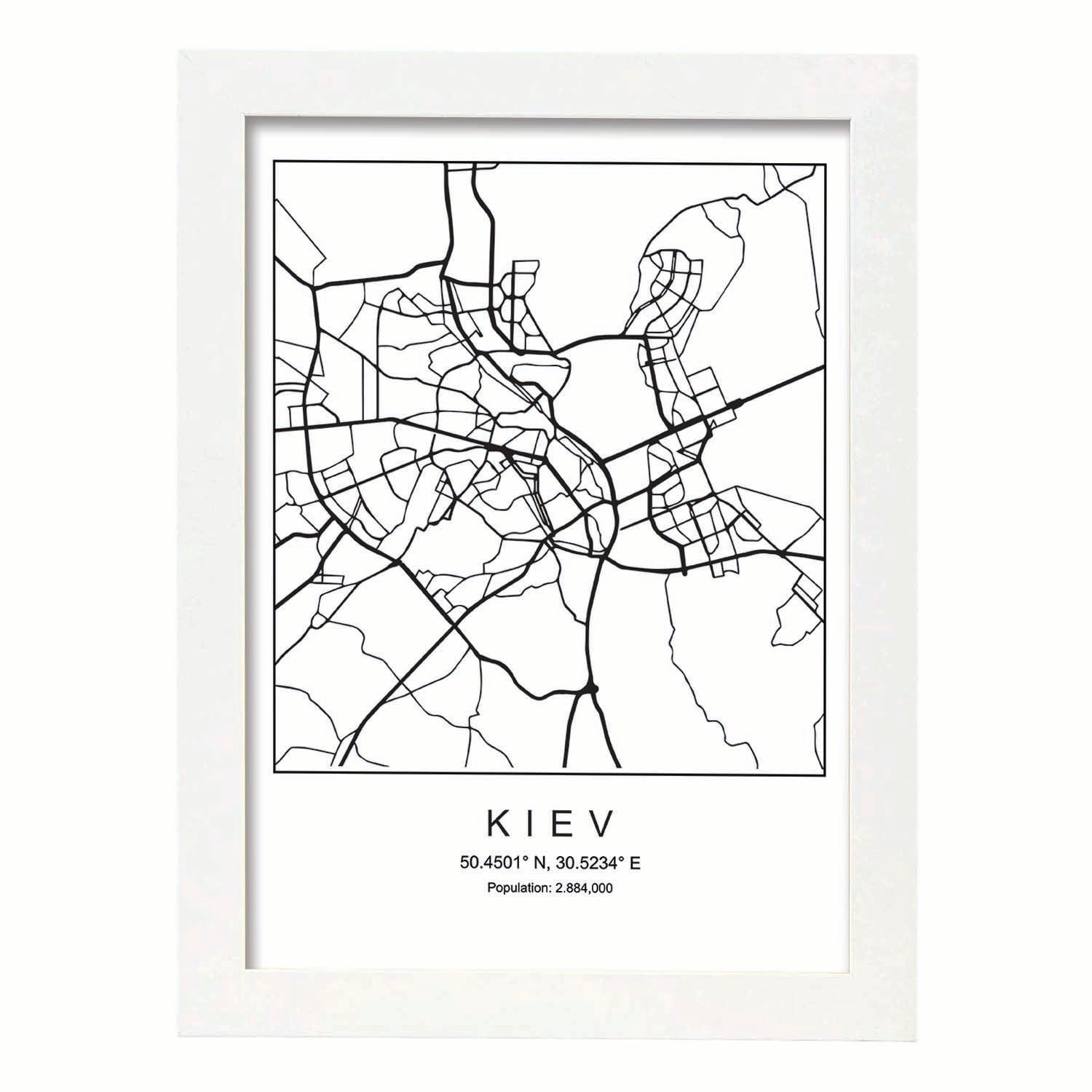 Lámina mapa de la ciudad Kiev estilo nordico en blanco y negro.-Artwork-Nacnic-A4-Marco Blanco-Nacnic Estudio SL