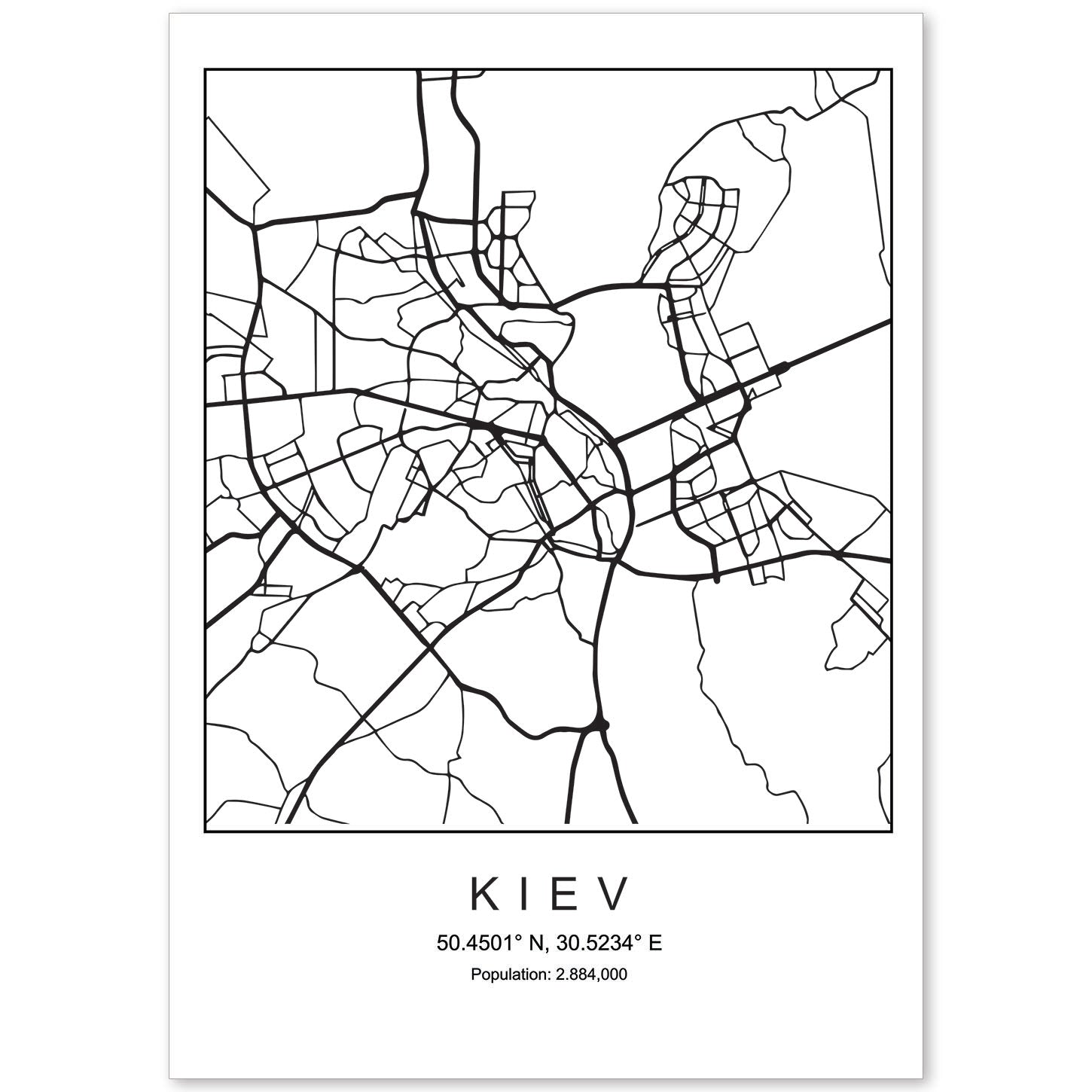 Lámina mapa de la ciudad Kiev estilo nordico en blanco y negro.-Artwork-Nacnic-A4-Sin marco-Nacnic Estudio SL