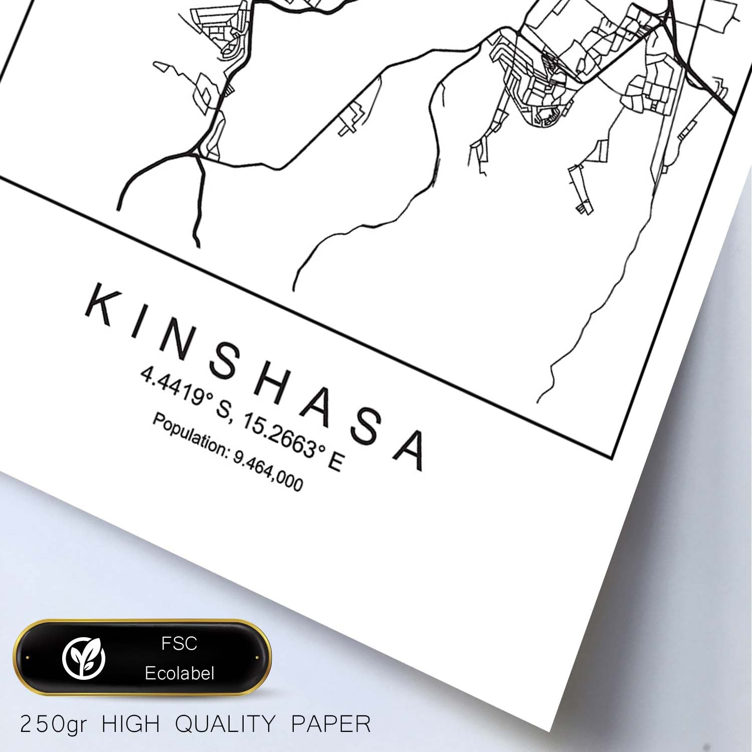 Lámina mapa de la ciudad Kinshasa estilo nordico en blanco y negro.-Artwork-Nacnic-Nacnic Estudio SL