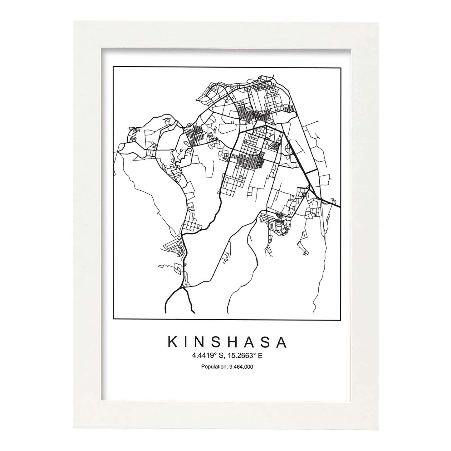 Lámina mapa de la ciudad Kinshasa estilo nordico en blanco y negro.-Artwork-Nacnic-A3-Marco Blanco-Nacnic Estudio SL