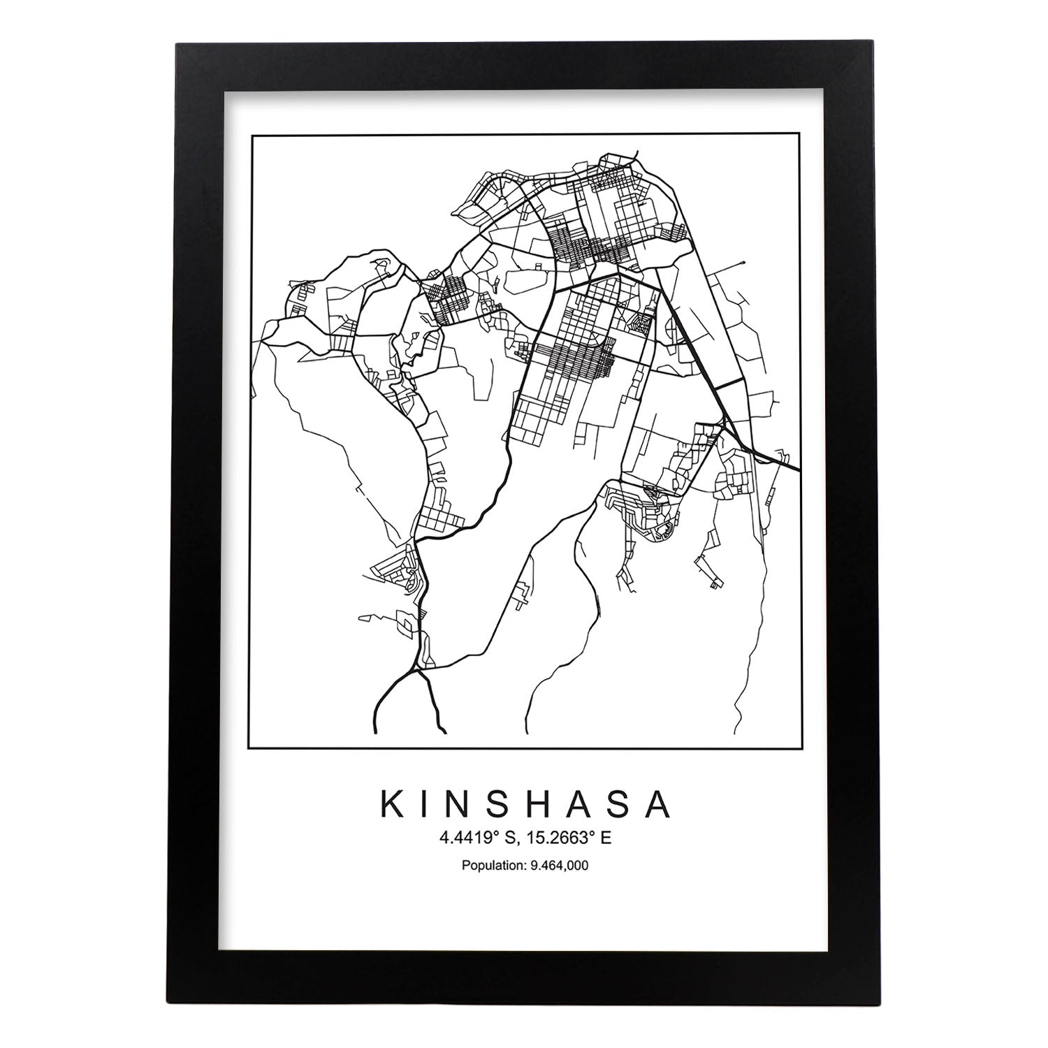 Lámina mapa de la ciudad Kinshasa estilo nordico en blanco y negro.-Artwork-Nacnic-A3-Marco Negro-Nacnic Estudio SL