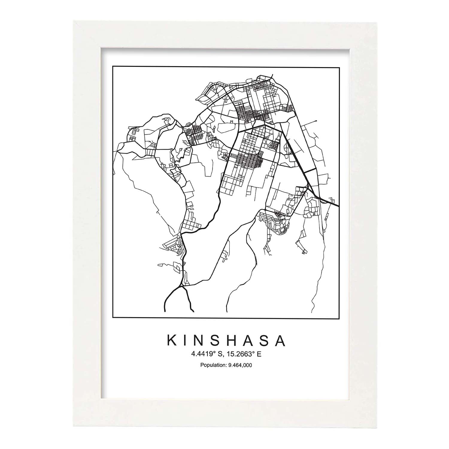 Lámina mapa de la ciudad Kinshasa estilo nordico en blanco y negro.-Artwork-Nacnic-A4-Marco Blanco-Nacnic Estudio SL