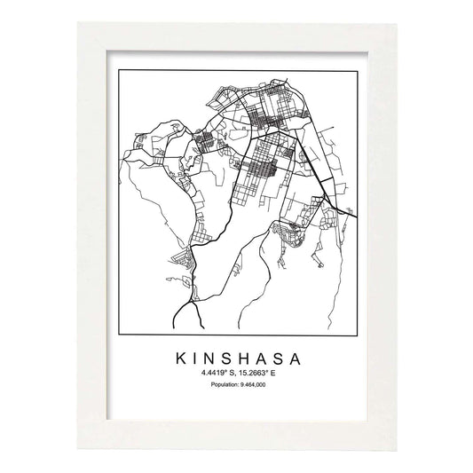 Lámina mapa de la ciudad Kinshasa estilo nordico en blanco y negro.-Artwork-Nacnic-A4-Marco Blanco-Nacnic Estudio SL