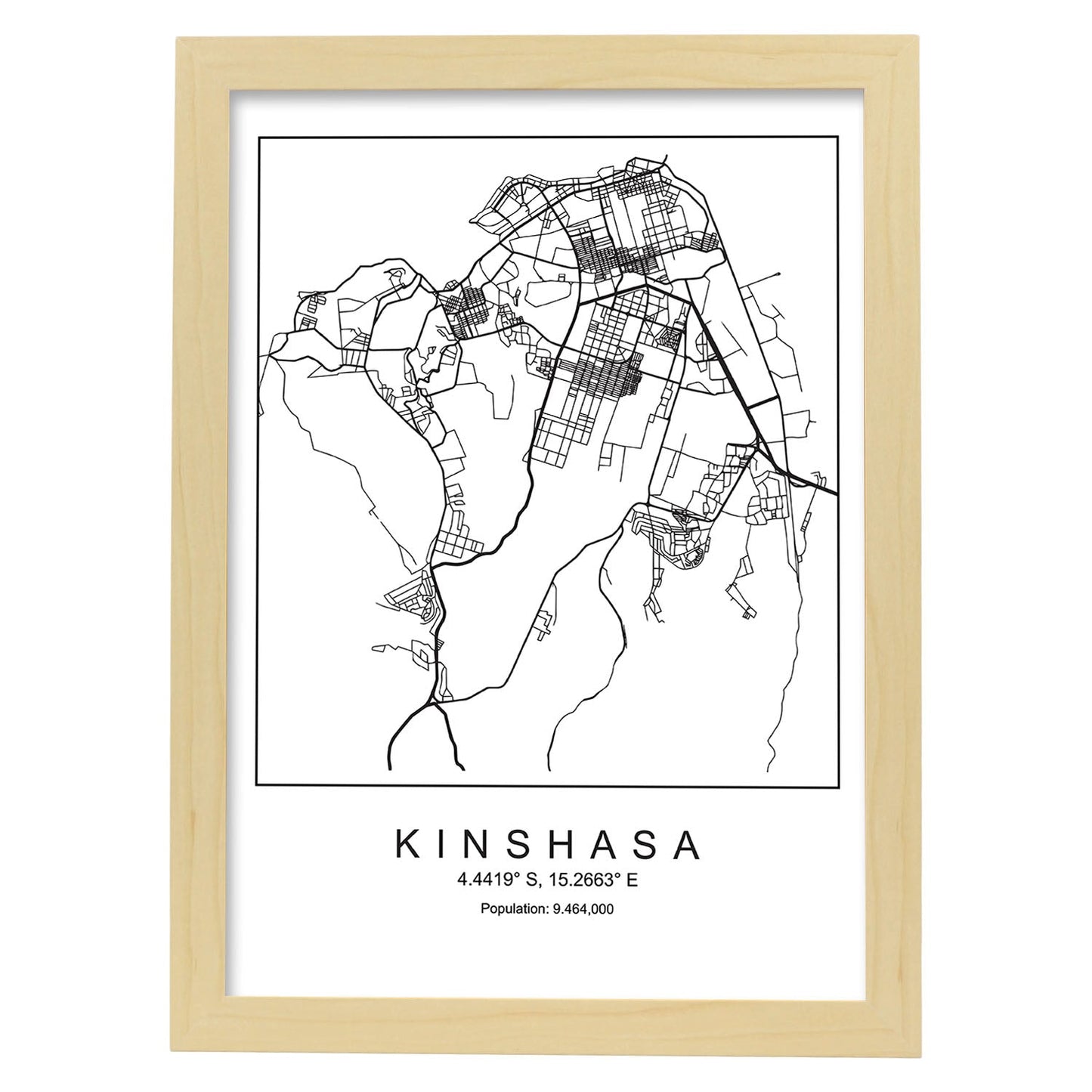 Lámina mapa de la ciudad Kinshasa estilo nordico en blanco y negro.-Artwork-Nacnic-A4-Marco Madera clara-Nacnic Estudio SL