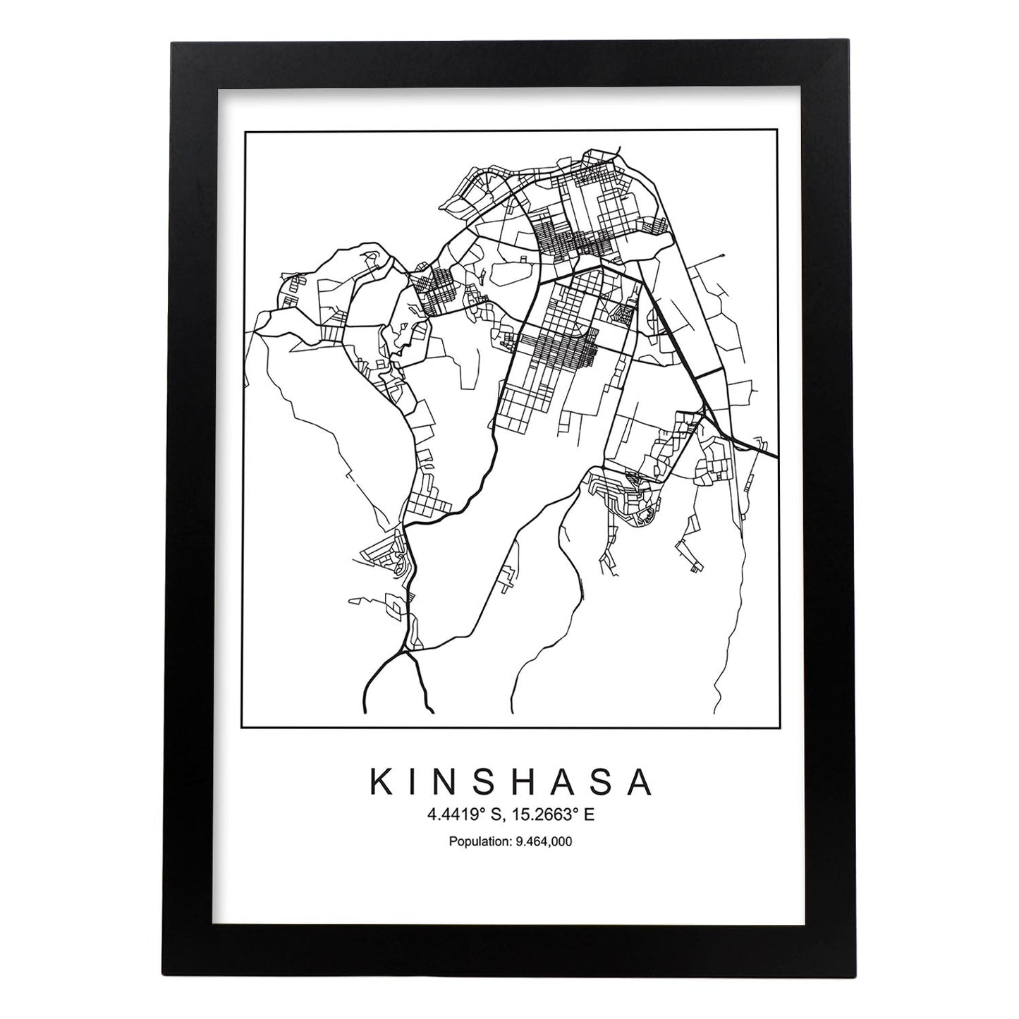 Lámina mapa de la ciudad Kinshasa estilo nordico en blanco y negro.-Artwork-Nacnic-A4-Marco Negro-Nacnic Estudio SL