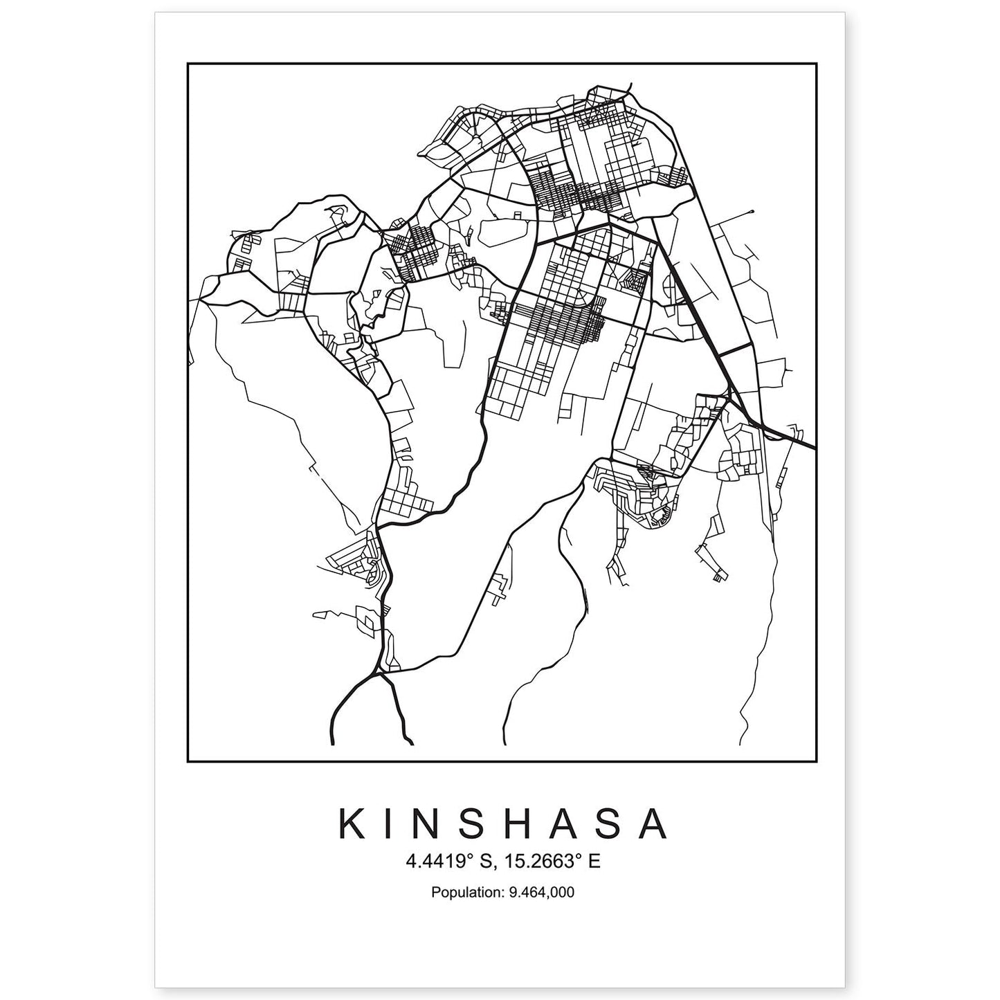 Lámina mapa de la ciudad Kinshasa estilo nordico en blanco y negro.-Artwork-Nacnic-A4-Sin marco-Nacnic Estudio SL