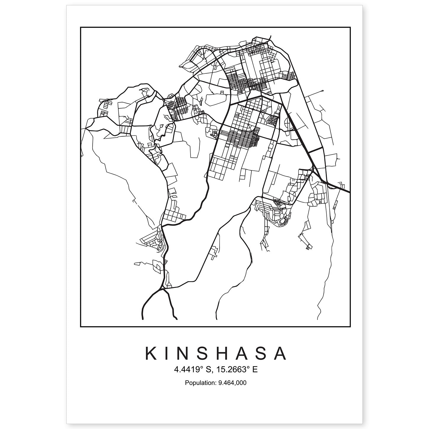 Lámina mapa de la ciudad Kinshasa estilo nordico en blanco y negro.-Artwork-Nacnic-A4-Sin marco-Nacnic Estudio SL