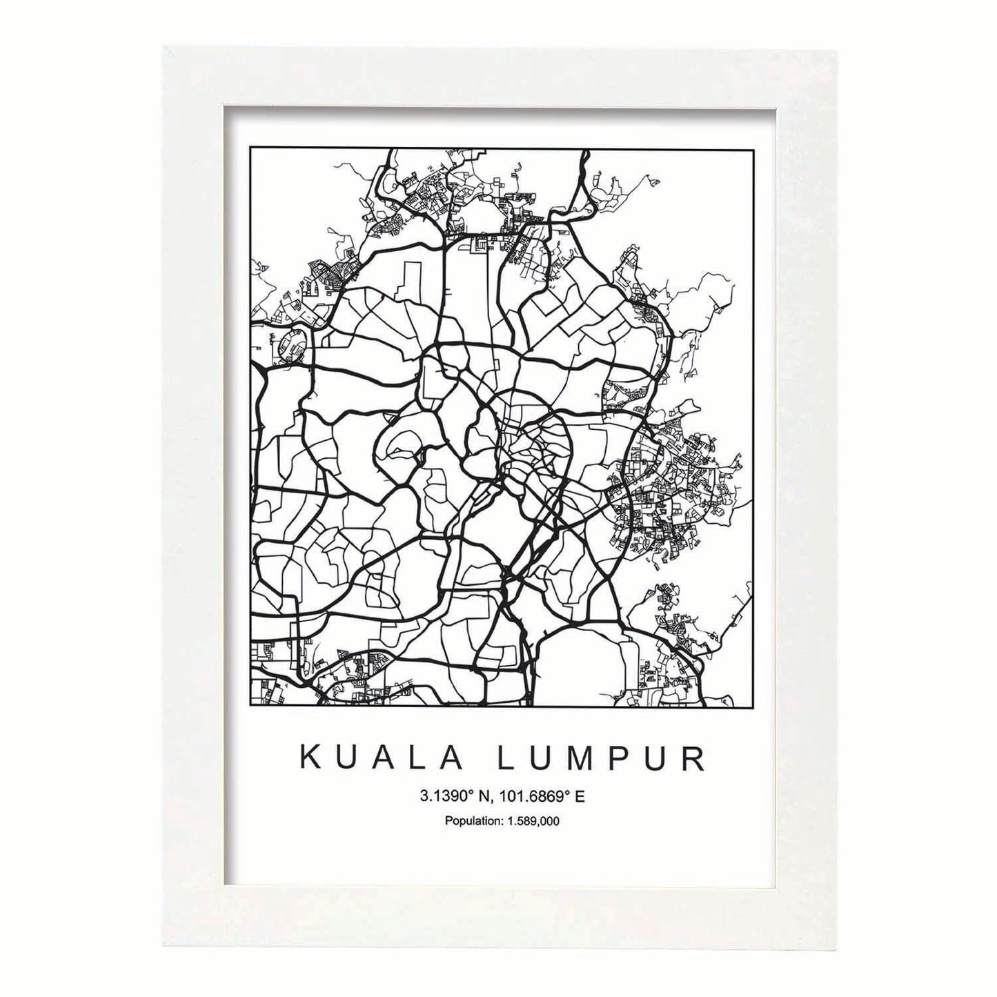 Lámina mapa de la ciudad Kuala lumpur estilo nordico en blanco y negro.-Artwork-Nacnic-A3-Marco Blanco-Nacnic Estudio SL