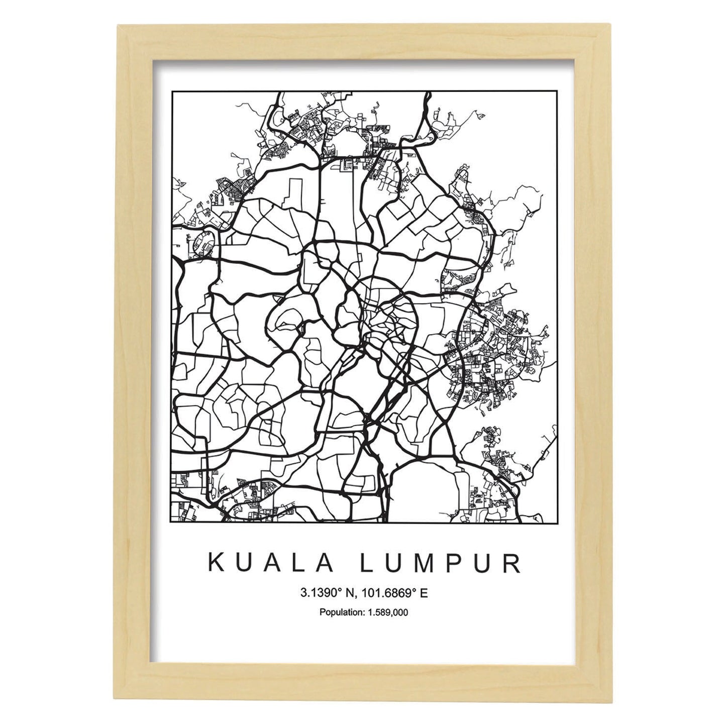 Lámina mapa de la ciudad Kuala lumpur estilo nordico en blanco y negro.-Artwork-Nacnic-A3-Marco Madera clara-Nacnic Estudio SL
