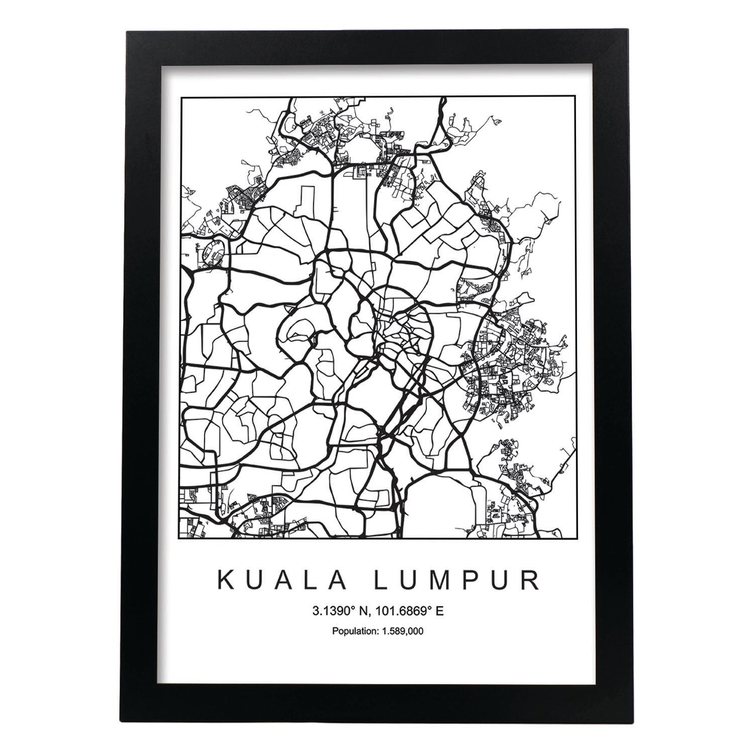 Lámina mapa de la ciudad Kuala lumpur estilo nordico en blanco y negro.-Artwork-Nacnic-A3-Marco Negro-Nacnic Estudio SL
