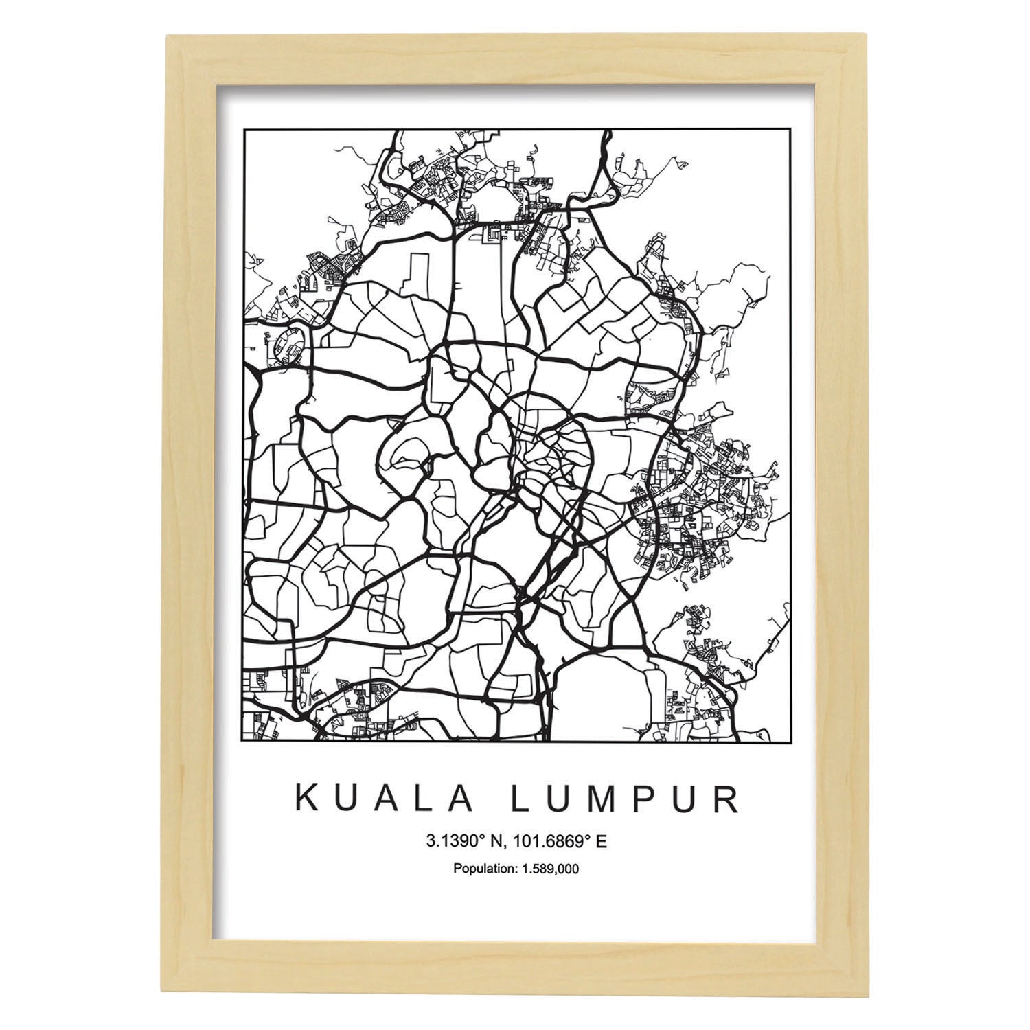 Lámina mapa de la ciudad Kuala lumpur estilo nordico en blanco y negro.-Artwork-Nacnic-A4-Marco Madera clara-Nacnic Estudio SL