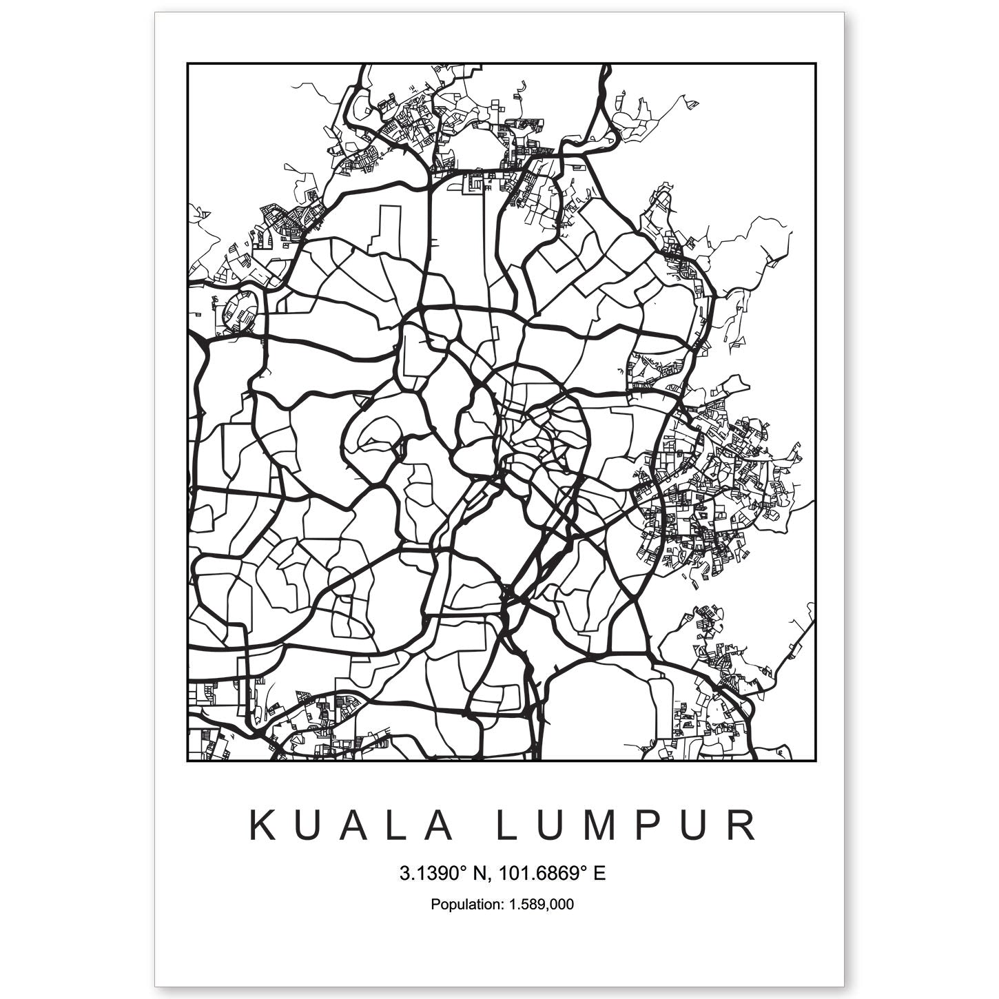Lámina mapa de la ciudad Kuala lumpur estilo nordico en blanco y negro.-Artwork-Nacnic-A4-Sin marco-Nacnic Estudio SL
