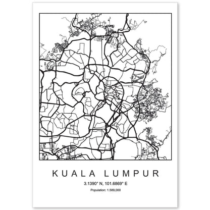 Lámina mapa de la ciudad Kuala lumpur estilo nordico en blanco y negro.-Artwork-Nacnic-A4-Sin marco-Nacnic Estudio SL