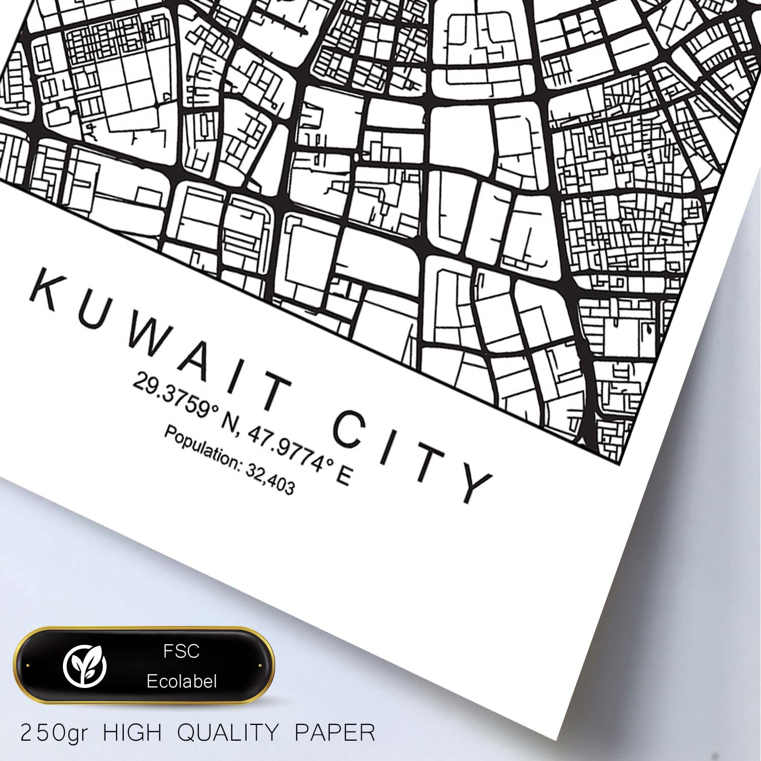Lámina mapa de la ciudad Kuwait city estilo nordico en blanco y negro.-Artwork-Nacnic-Nacnic Estudio SL