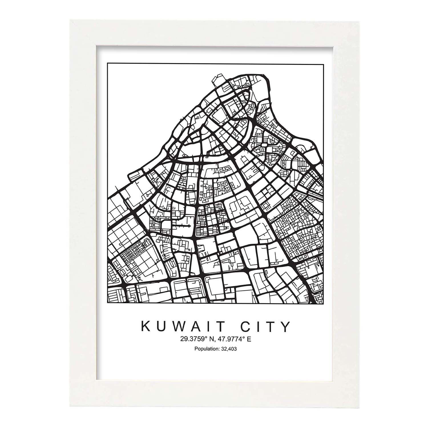 Lámina mapa de la ciudad Kuwait city estilo nordico en blanco y negro.-Artwork-Nacnic-A3-Marco Blanco-Nacnic Estudio SL