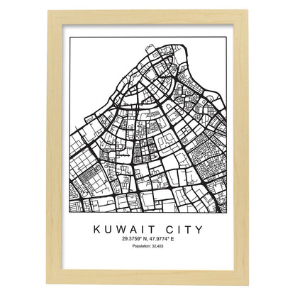 Lámina mapa de la ciudad Kuwait city estilo nordico en blanco y negro.-Artwork-Nacnic-A3-Marco Madera clara-Nacnic Estudio SL