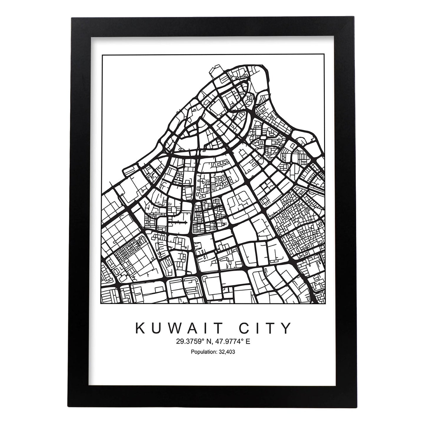 Lámina mapa de la ciudad Kuwait city estilo nordico en blanco y negro.-Artwork-Nacnic-A3-Marco Negro-Nacnic Estudio SL