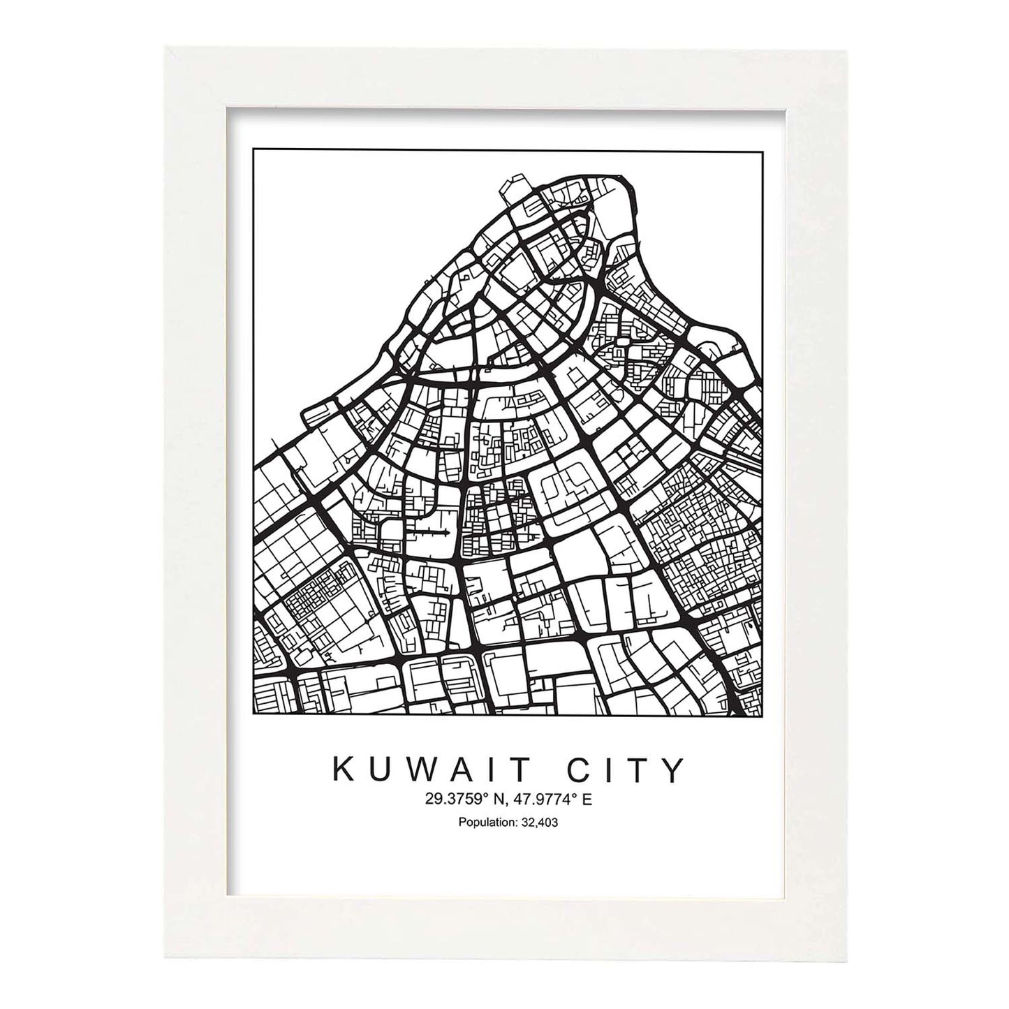 Lámina mapa de la ciudad Kuwait city estilo nordico en blanco y negro.-Artwork-Nacnic-A4-Marco Blanco-Nacnic Estudio SL