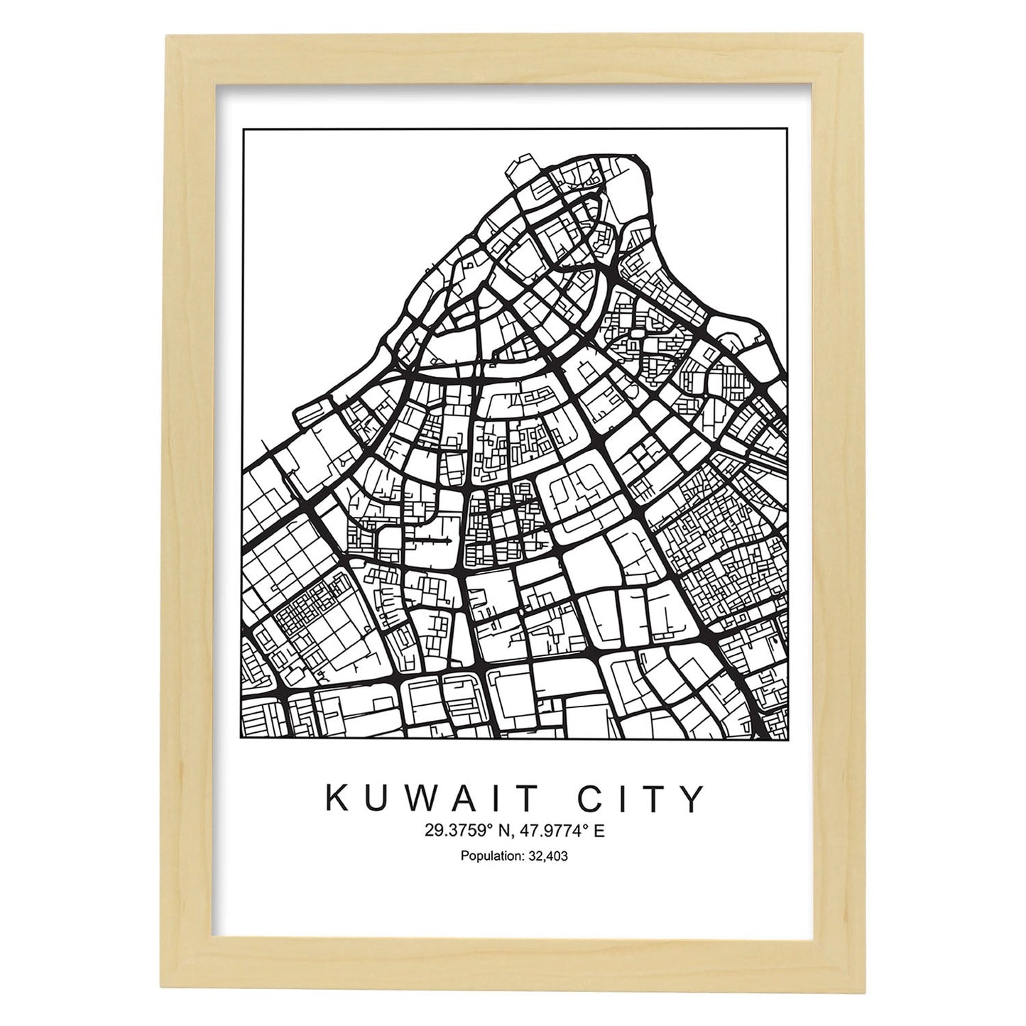 Lámina mapa de la ciudad Kuwait city estilo nordico en blanco y negro.-Artwork-Nacnic-A4-Marco Madera clara-Nacnic Estudio SL