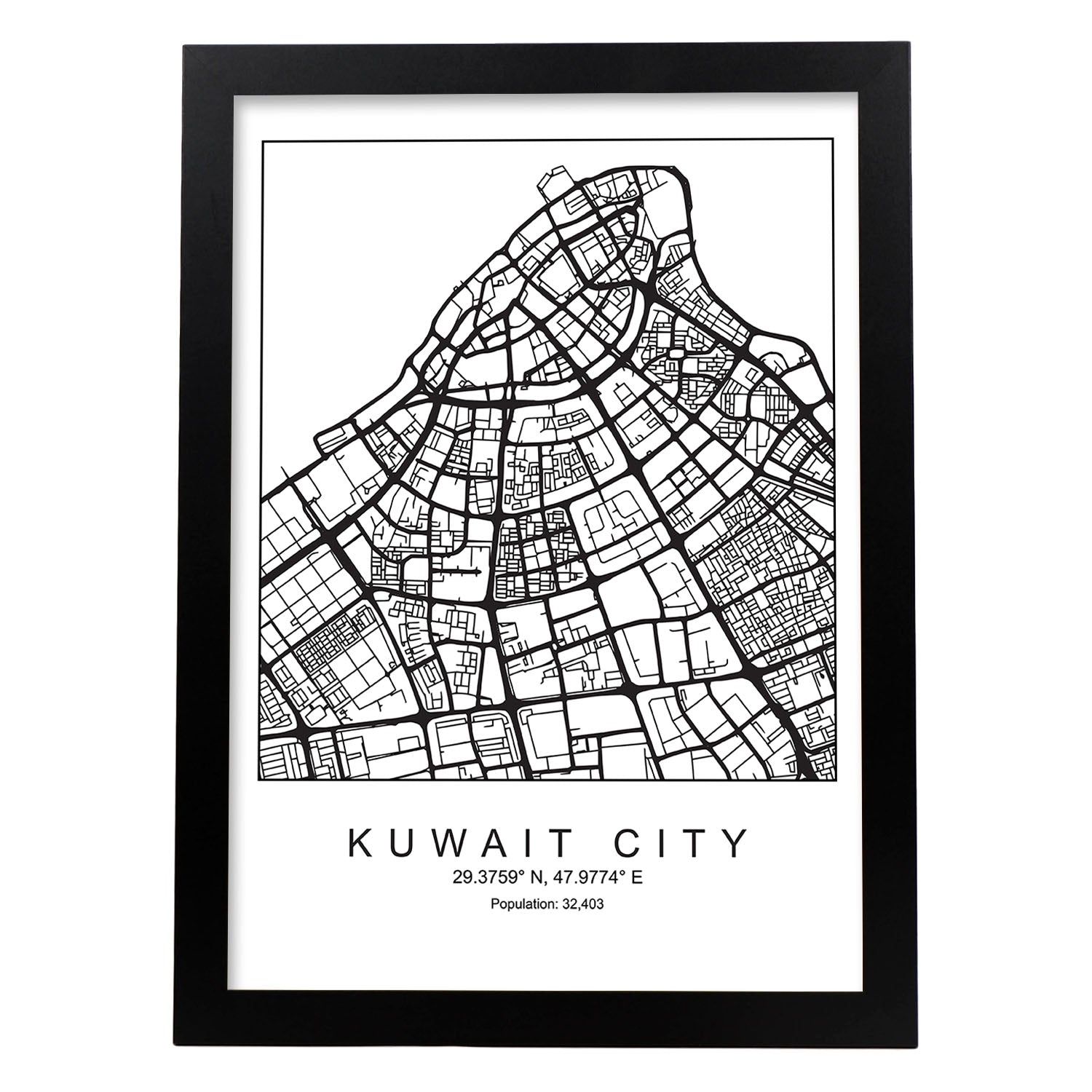 Lámina mapa de la ciudad Kuwait city estilo nordico en blanco y negro.-Artwork-Nacnic-A4-Marco Negro-Nacnic Estudio SL