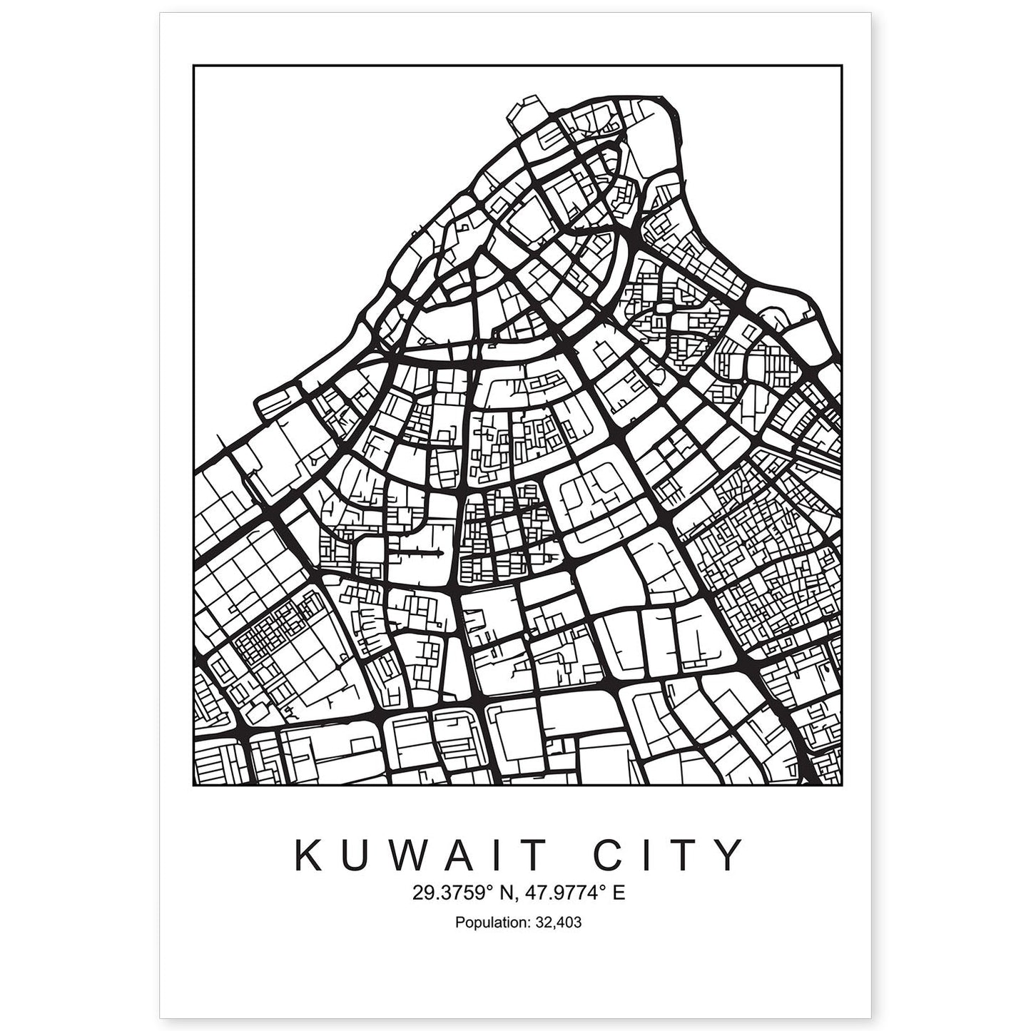 Lámina mapa de la ciudad Kuwait city estilo nordico en blanco y negro.-Artwork-Nacnic-A4-Sin marco-Nacnic Estudio SL