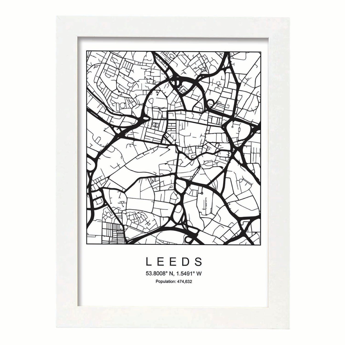 Lámina mapa de la ciudad Leeds estilo nordico en blanco y negro.-Artwork-Nacnic-A3-Marco Blanco-Nacnic Estudio SL