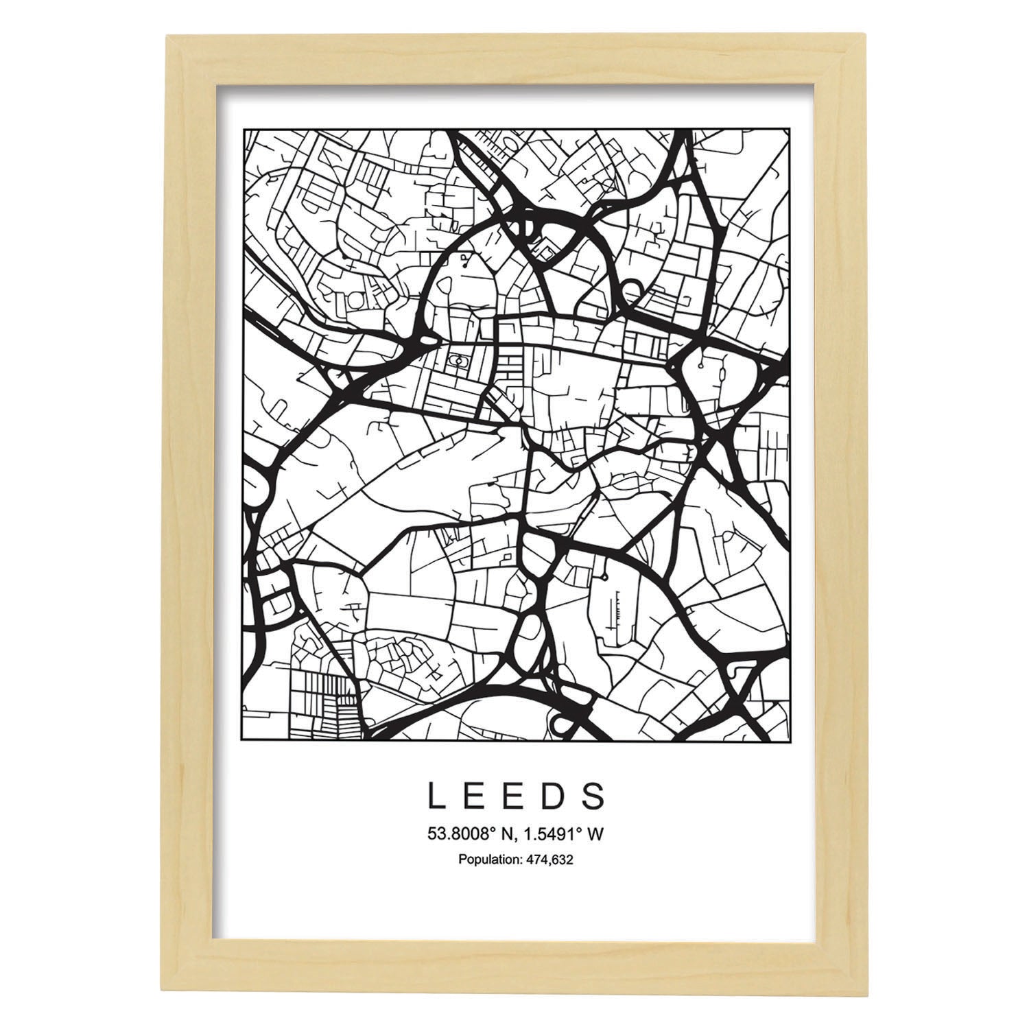Lámina mapa de la ciudad Leeds estilo nordico en blanco y negro.-Artwork-Nacnic-A3-Marco Madera clara-Nacnic Estudio SL