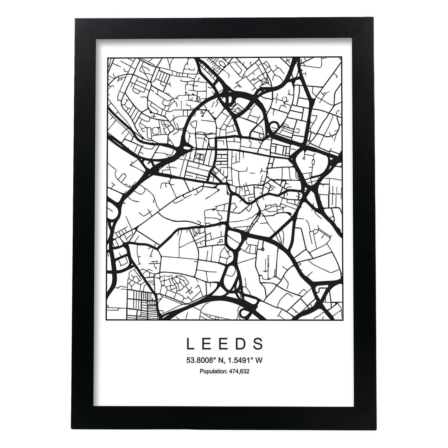 Lámina mapa de la ciudad Leeds estilo nordico en blanco y negro.-Artwork-Nacnic-A3-Marco Negro-Nacnic Estudio SL