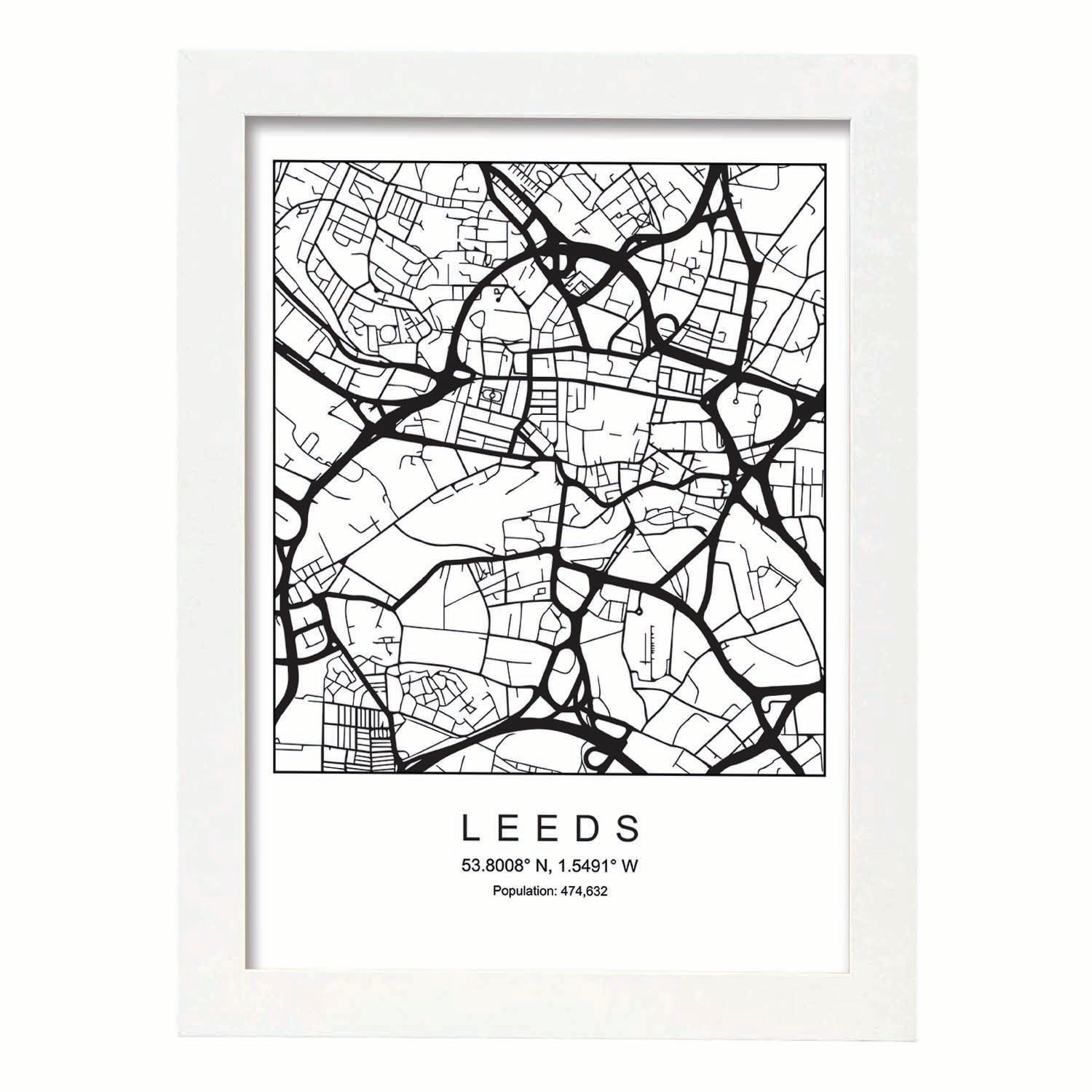 Lámina mapa de la ciudad Leeds estilo nordico en blanco y negro.-Artwork-Nacnic-A4-Marco Blanco-Nacnic Estudio SL