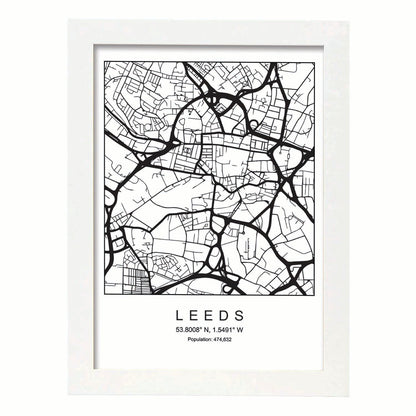 Lámina mapa de la ciudad Leeds estilo nordico en blanco y negro.-Artwork-Nacnic-A4-Marco Blanco-Nacnic Estudio SL