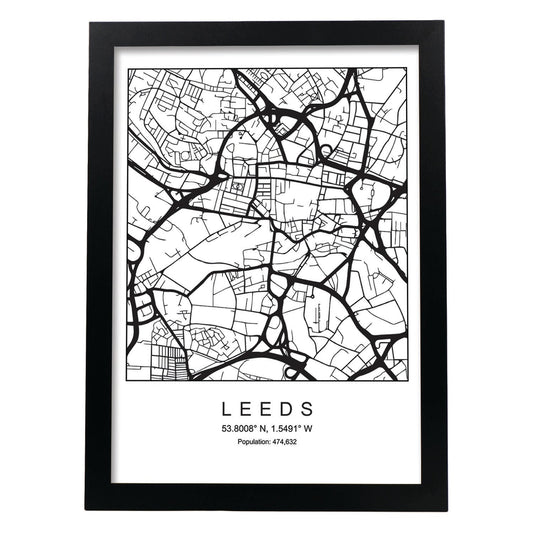 Lámina mapa de la ciudad Leeds estilo nordico en blanco y negro.-Artwork-Nacnic-A4-Marco Negro-Nacnic Estudio SL