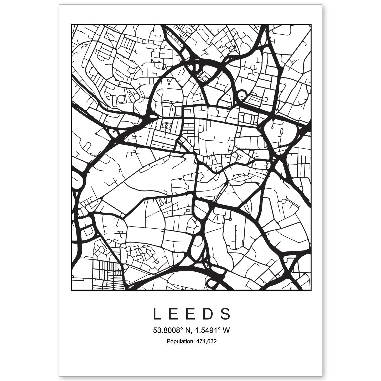 Lámina mapa de la ciudad Leeds estilo nordico en blanco y negro.-Artwork-Nacnic-A4-Sin marco-Nacnic Estudio SL