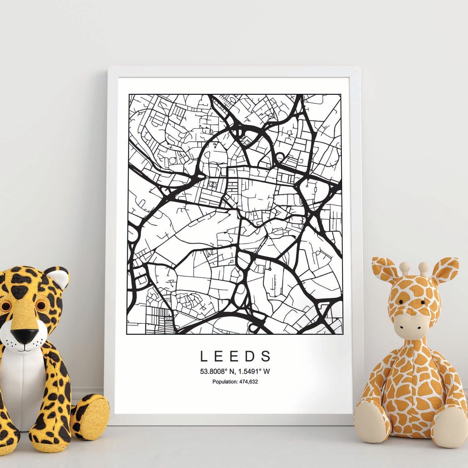 Lámina mapa de la ciudad Leeds estilo nordico en blanco y negro.-Artwork-Nacnic-Nacnic Estudio SL