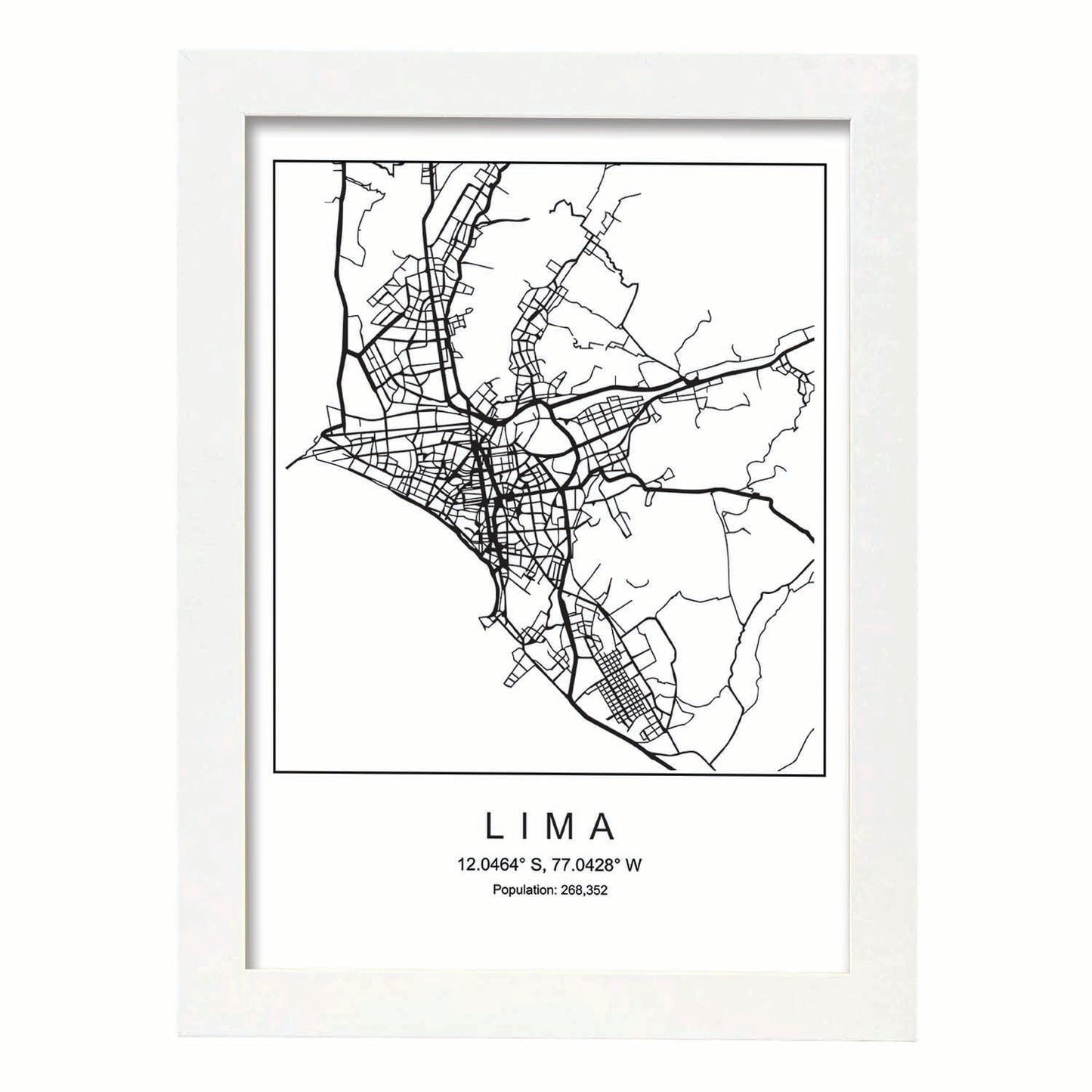 Lámina mapa de la ciudad Lima estilo nordico en blanco y negro.-Artwork-Nacnic-A3-Marco Blanco-Nacnic Estudio SL