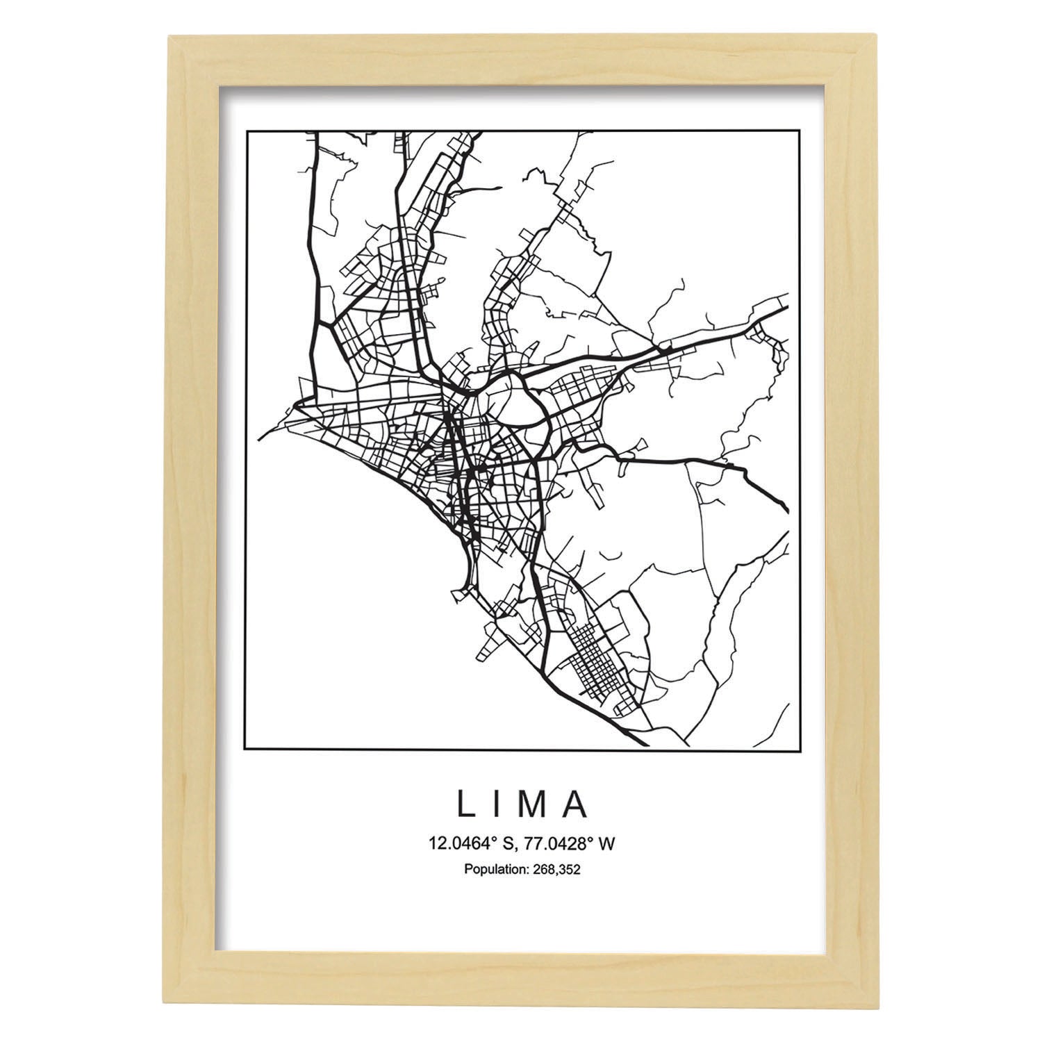 Lámina mapa de la ciudad Lima estilo nordico en blanco y negro.-Artwork-Nacnic-A3-Marco Madera clara-Nacnic Estudio SL