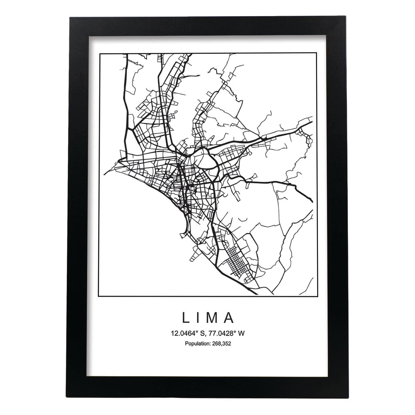 Lámina mapa de la ciudad Lima estilo nordico en blanco y negro.-Artwork-Nacnic-A3-Marco Negro-Nacnic Estudio SL