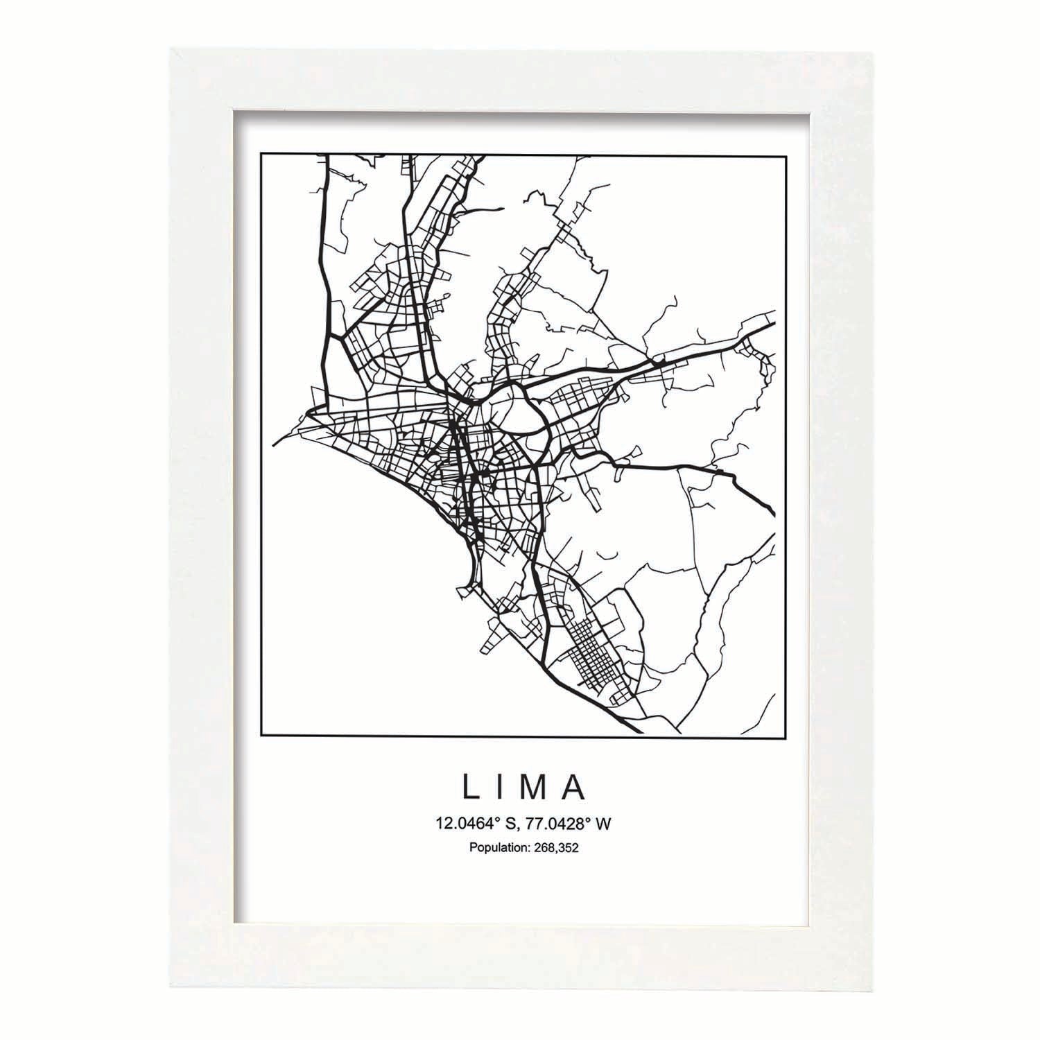 Lámina mapa de la ciudad Lima estilo nordico en blanco y negro.-Artwork-Nacnic-A4-Marco Blanco-Nacnic Estudio SL