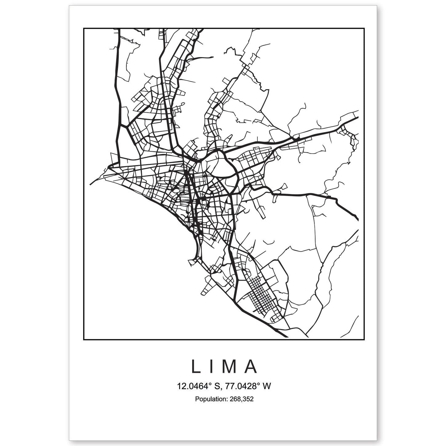 Lámina mapa de la ciudad Lima estilo nordico en blanco y negro.-Artwork-Nacnic-A4-Sin marco-Nacnic Estudio SL