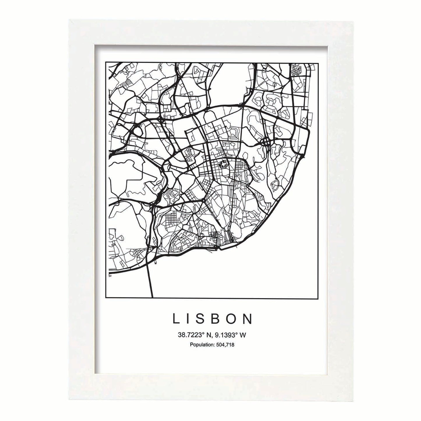 Lámina mapa de la ciudad Lisbon estilo nordico en blanco y negro.-Artwork-Nacnic-A3-Marco Blanco-Nacnic Estudio SL