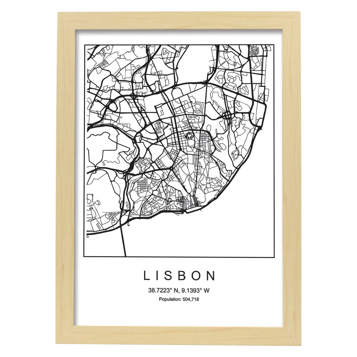 Lámina mapa de la ciudad Lisbon estilo nordico en blanco y negro.-Artwork-Nacnic-A3-Marco Madera clara-Nacnic Estudio SL
