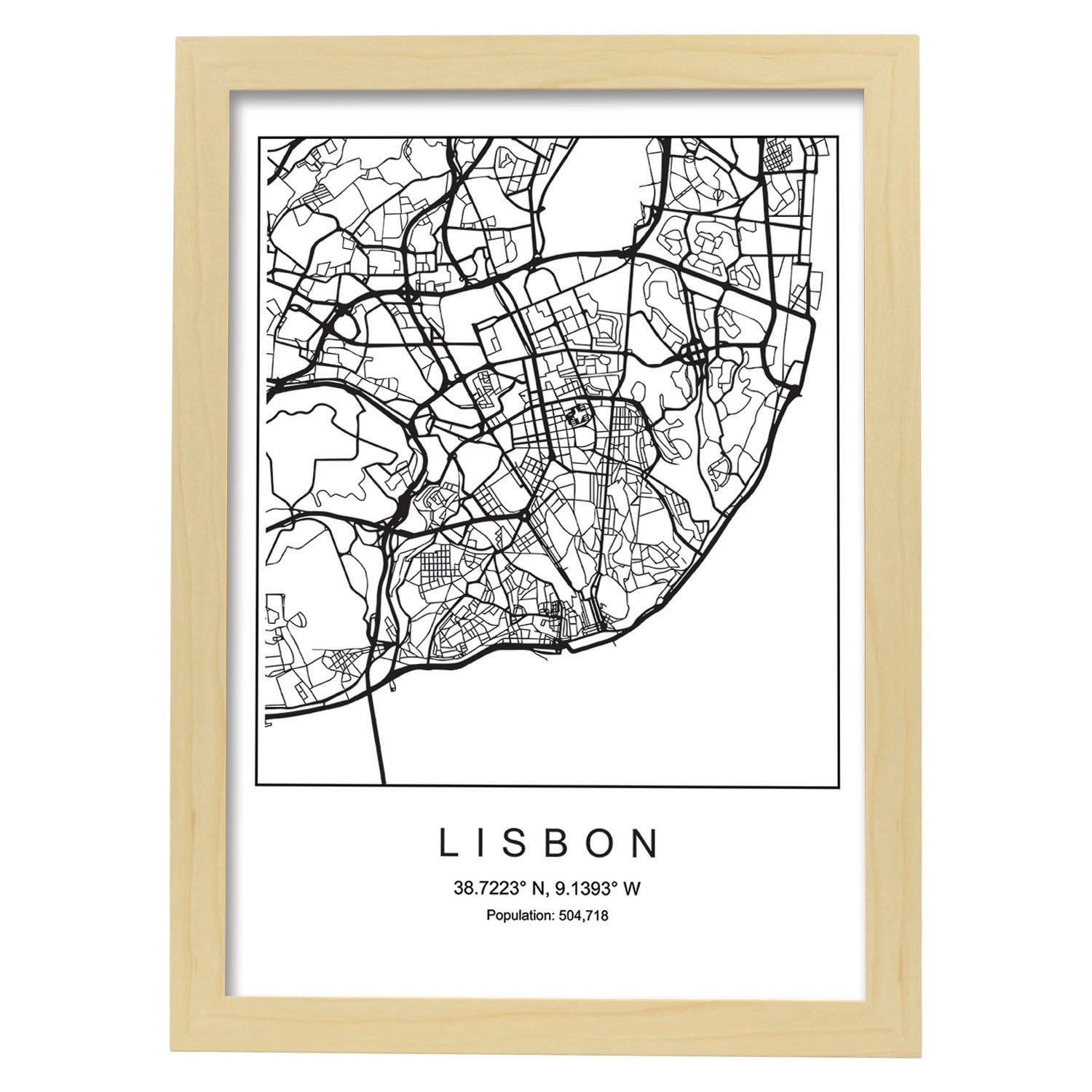 Lámina mapa de la ciudad Lisbon estilo nordico en blanco y negro.-Artwork-Nacnic-A3-Marco Madera clara-Nacnic Estudio SL