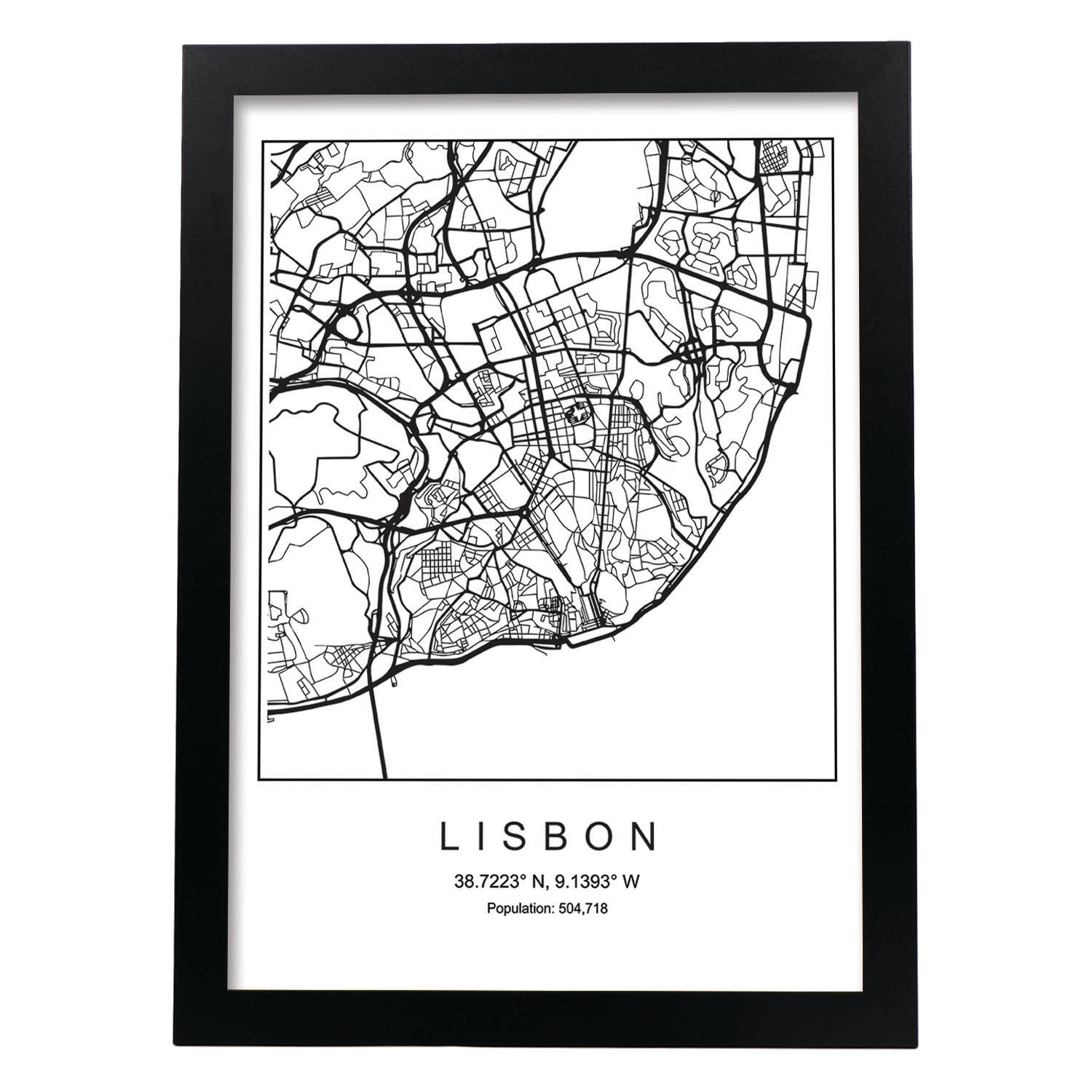 Lámina mapa de la ciudad Lisbon estilo nordico en blanco y negro.-Artwork-Nacnic-A3-Marco Negro-Nacnic Estudio SL