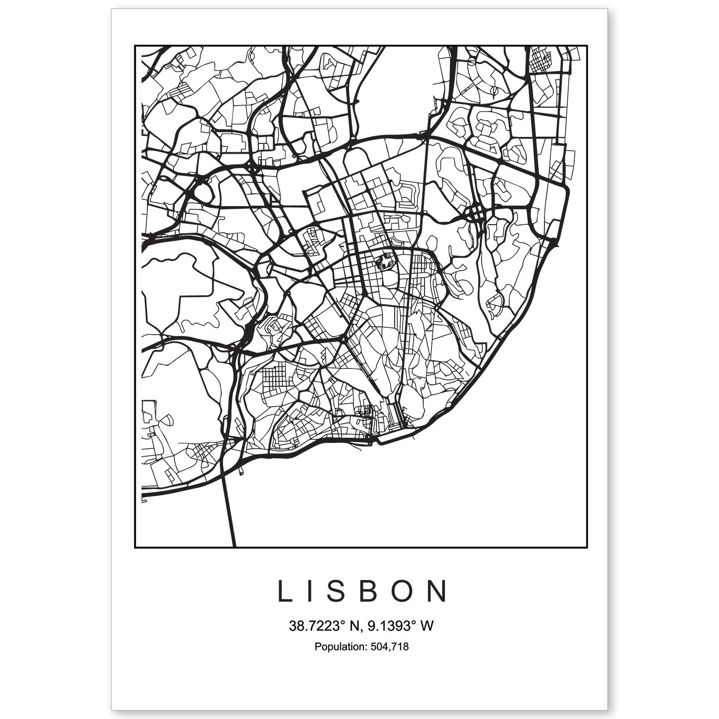 Lámina mapa de la ciudad Lisbon estilo nordico en blanco y negro.-Artwork-Nacnic-A4-Sin marco-Nacnic Estudio SL