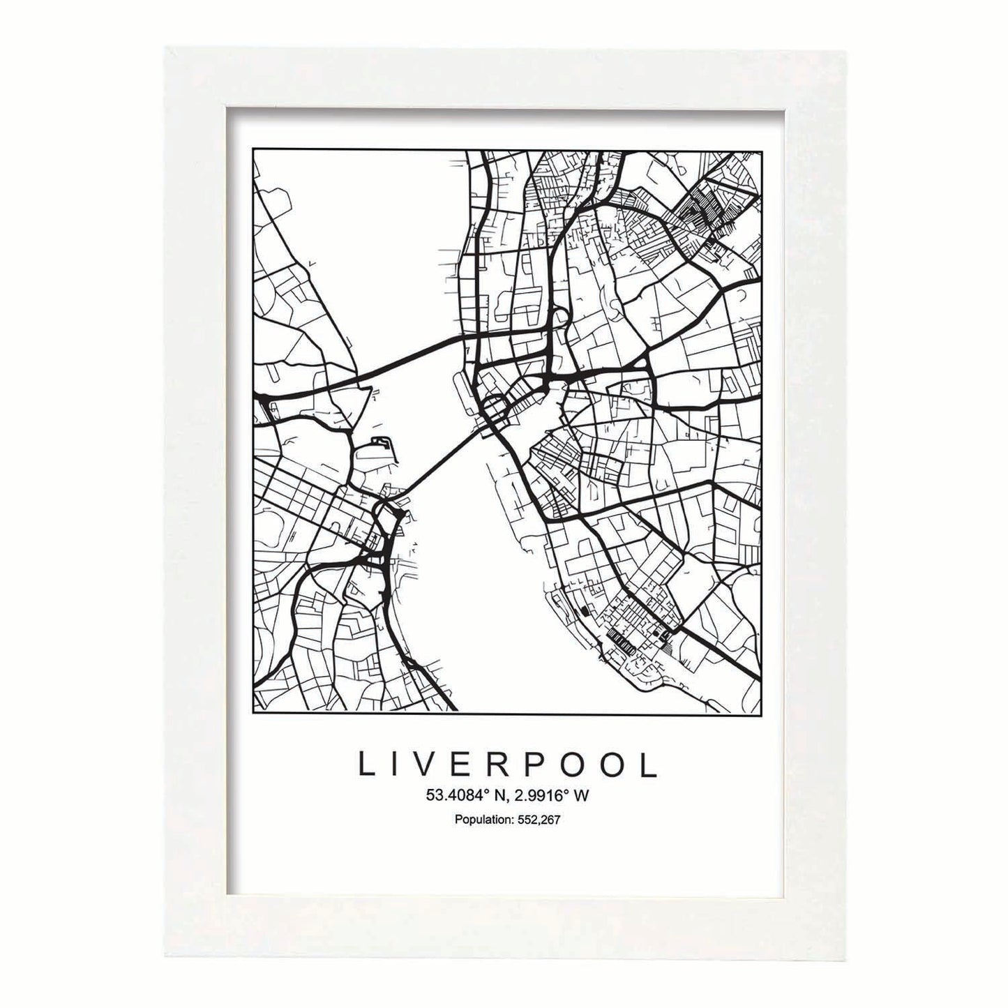 Lámina mapa de la ciudad Liverpool estilo nordico en blanco y negro.-Artwork-Nacnic-A3-Marco Blanco-Nacnic Estudio SL